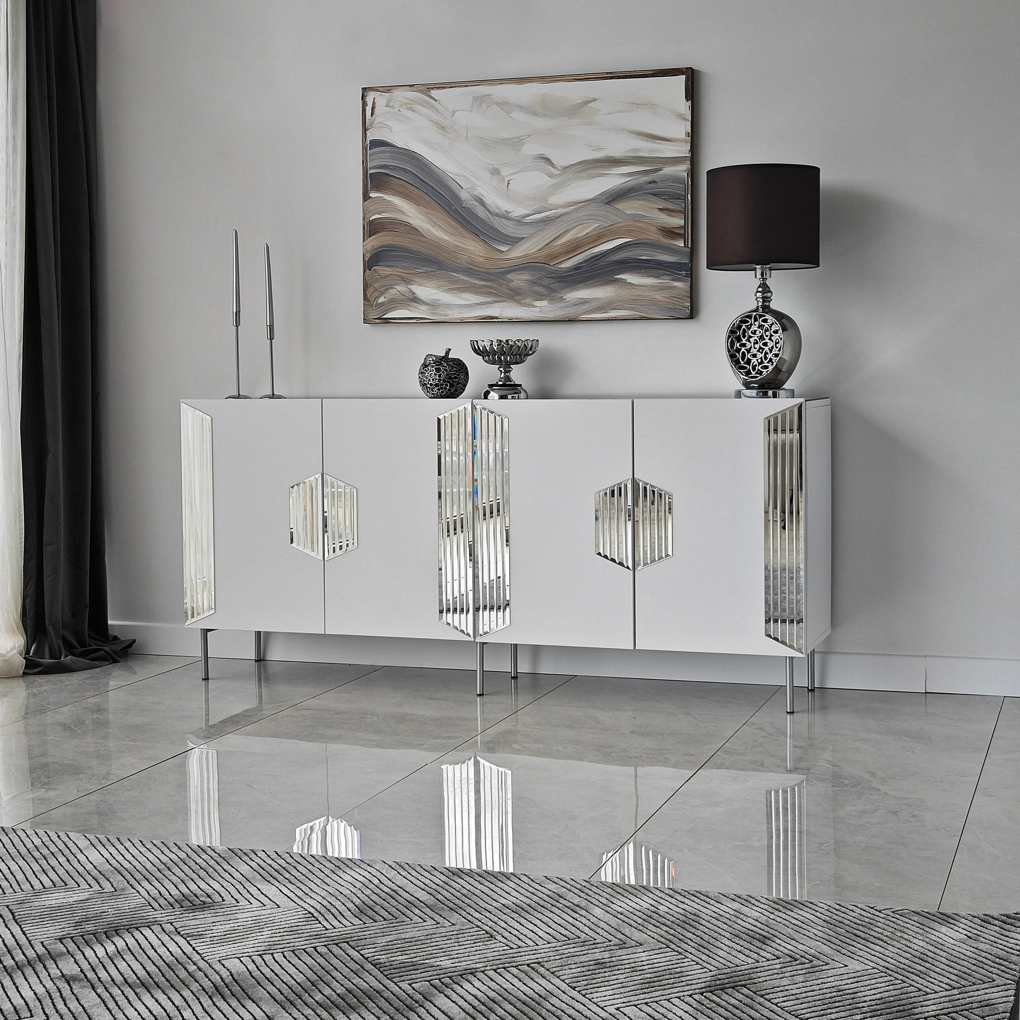 Aparador Elegante, Branco e Prateada, 180 x 80 x 40 cm | Painel de Partículas 100% Revestido em Melamina, 18 mm de Espessura | Armazenamento Elegante para Casas Modernos