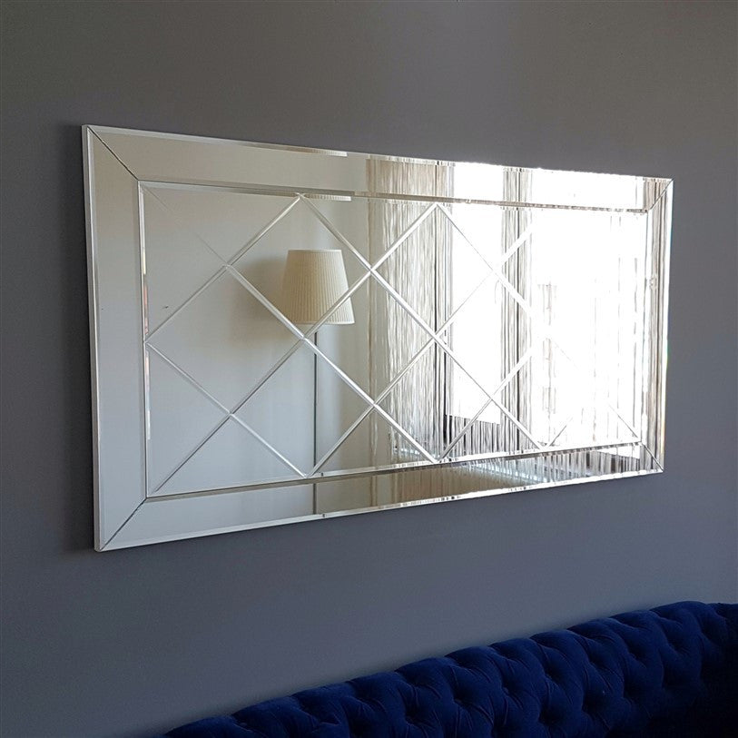Espelho de parede prateado elegante, 130 x 65 x 2,2 cm | 100% MDF, montado, ajustável horizontal e verticalmente | Perfeito para hotéis e decoração moderna