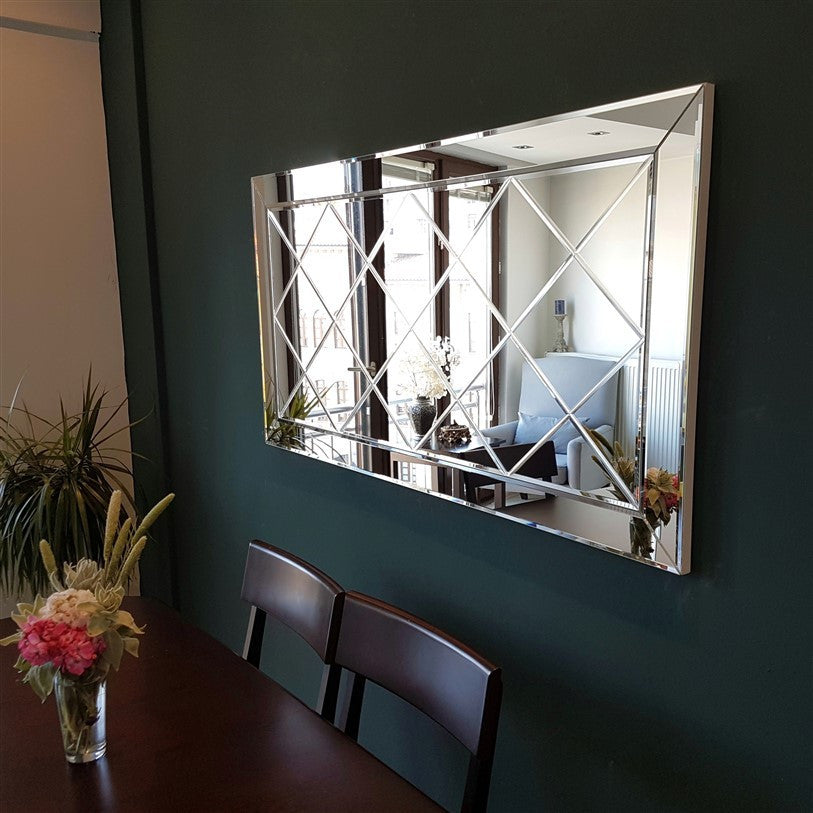 Espelho de parede prateado elegante, 130 x 65 x 2,2 cm | 100% MDF, montado, ajustável horizontal e verticalmente | Perfeito para hotéis e decoração moderna