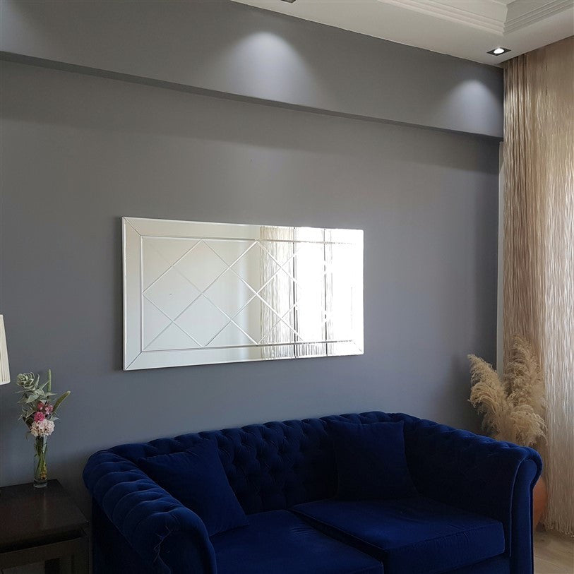 Espelho de parede prateado elegante, 130 x 65 x 2,2 cm | 100% MDF, montado, ajustável horizontal e verticalmente | Perfeito para hotéis e decoração moderna