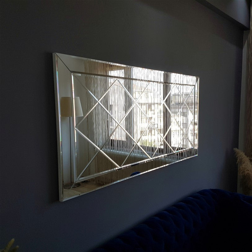 Espelho de parede prateado elegante, 130 x 65 x 2,2 cm | 100% MDF, montado, ajustável horizontal e verticalmente | Perfeito para hotéis e decoração moderna
