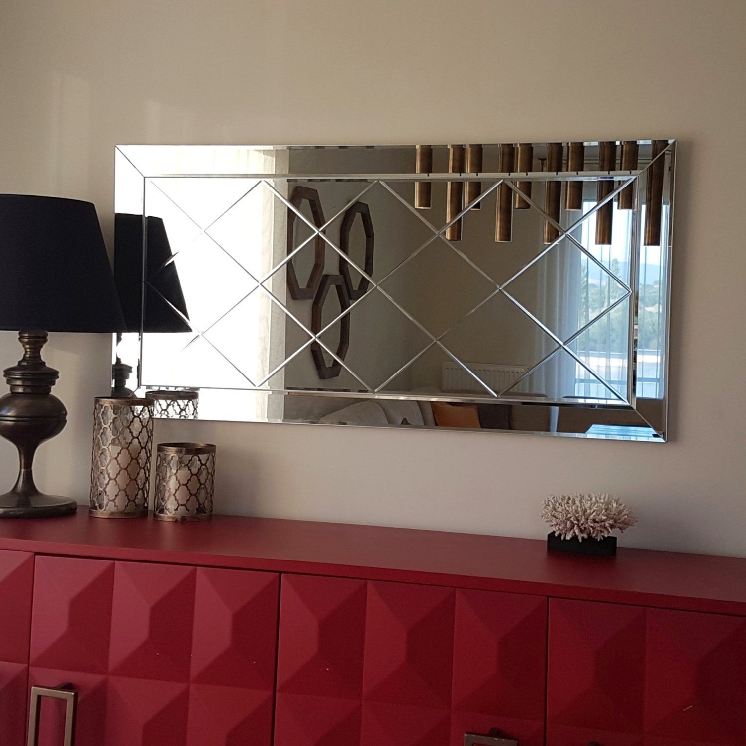 Espelho de parede prateado elegante, 130 x 65 x 2,2 cm | 100% MDF, montado, ajustável horizontal e verticalmente | Perfeito para hotéis e decoração moderna