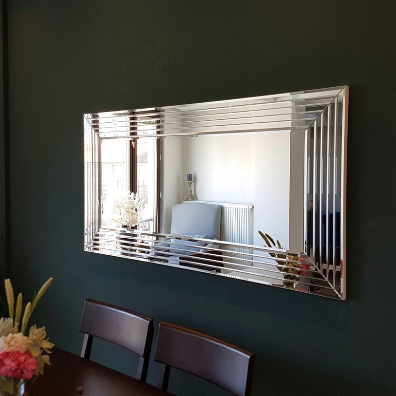 Espelho de Parede Moderno Prateado, 130 x 65 cm, 100% MDF | Ajustável Horizontal e Verticalmente | Montado, Perfeito para Hotéis e Espaços Contemporâneos