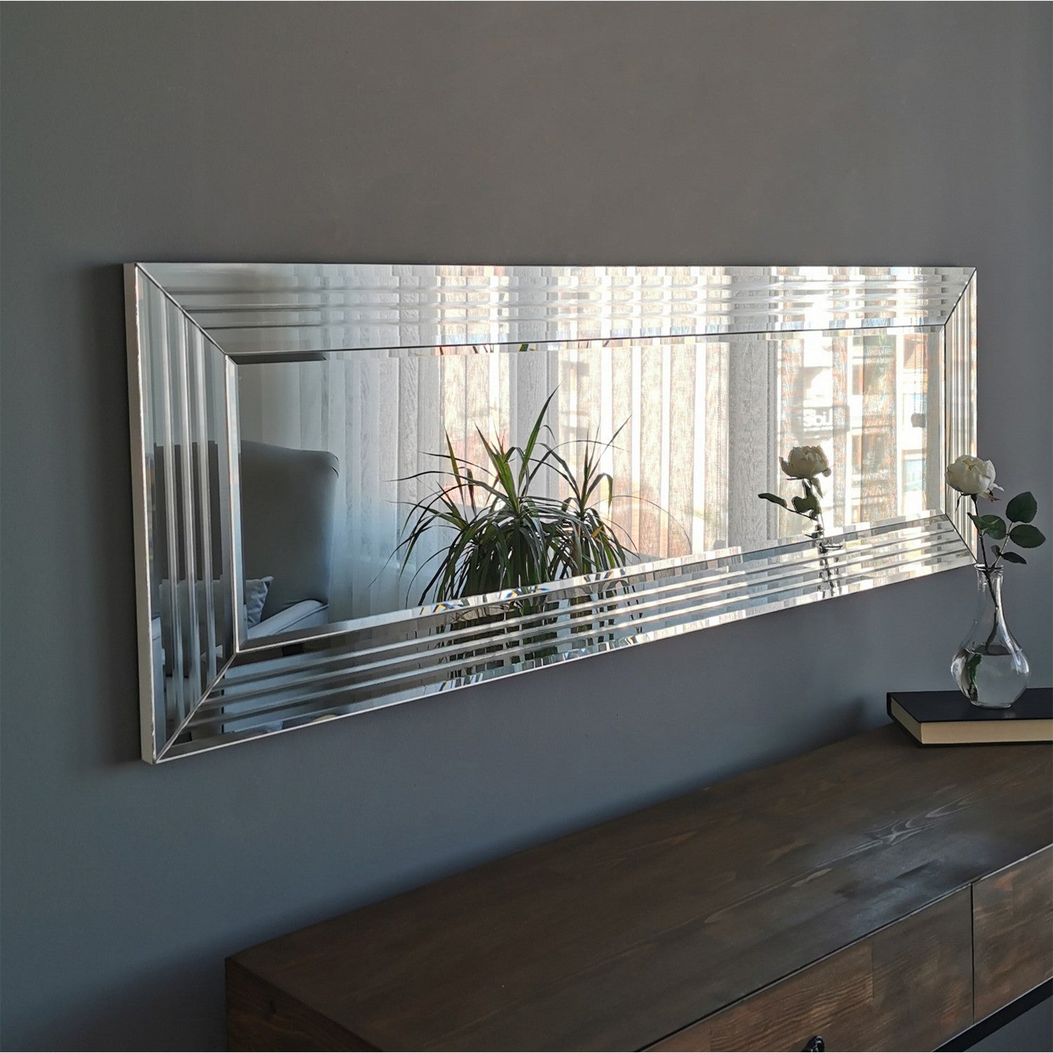 Espelho de parede moderno prateado, 120 x 40 x 2,2 cm | 100% MDF, montado, ajustável horizontal e verticalmente | Perfeito para hotéis e espaços contemporâneos