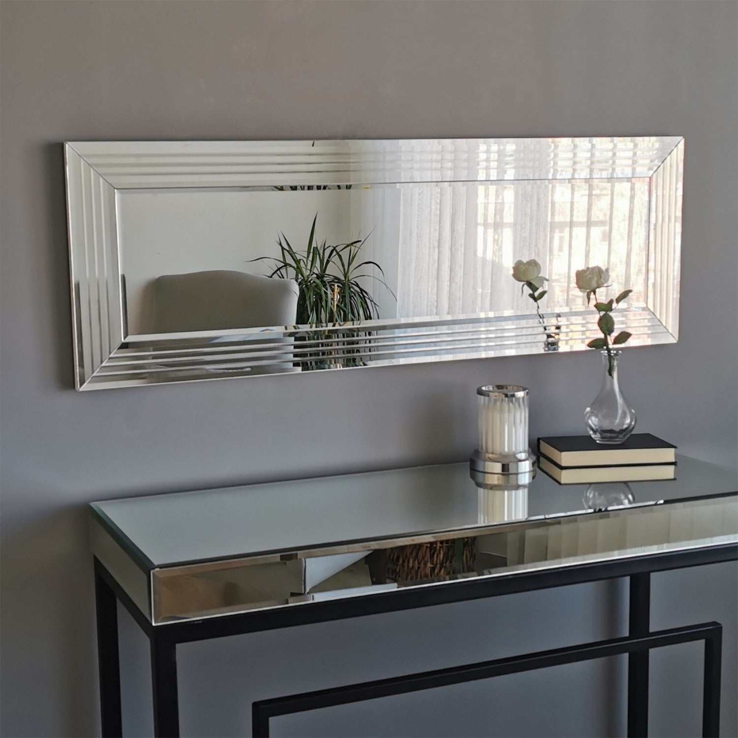 Espelho de parede moderno prateado, 120 x 40 x 2,2 cm | 100% MDF, montado, ajustável horizontal e verticalmente | Perfeito para hotéis e espaços contemporâneos