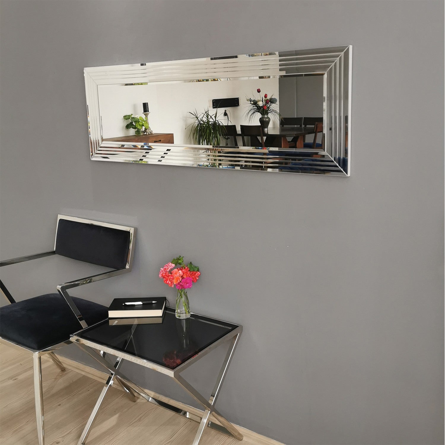 Espelho de parede moderno prateado, 120 x 40 x 2,2 cm | 100% MDF, montado, ajustável horizontal e verticalmente | Perfeito para hotéis e espaços contemporâneos