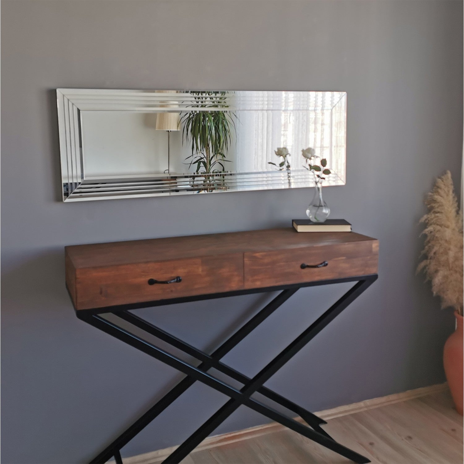 Espelho de parede moderno prateado, 120 x 40 x 2,2 cm | 100% MDF, montado, ajustável horizontal e verticalmente | Perfeito para hotéis e espaços contemporâneos