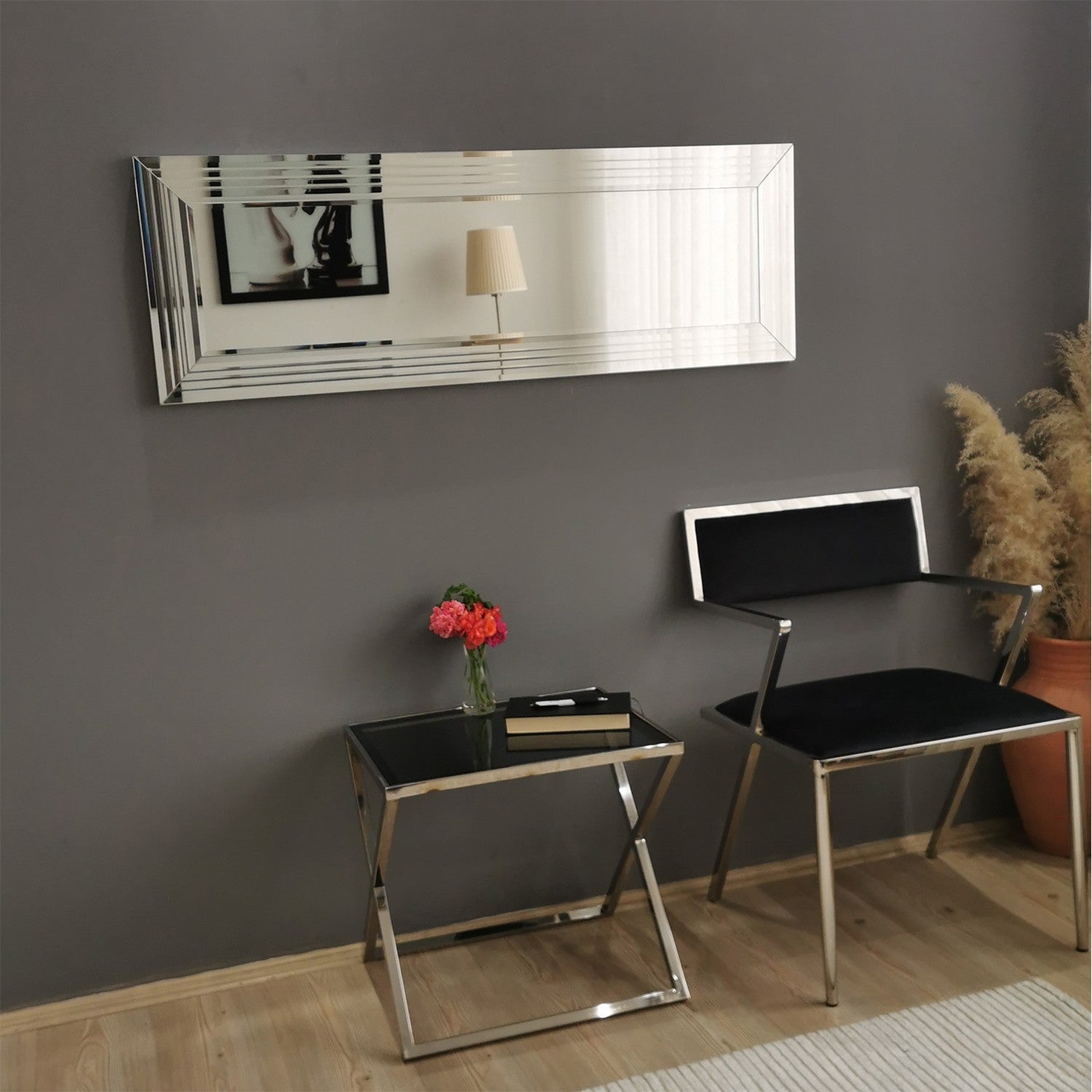 Espelho de parede moderno prateado, 120 x 40 x 2,2 cm | 100% MDF, montado, ajustável horizontal e verticalmente | Perfeito para hotéis e espaços contemporâneos
