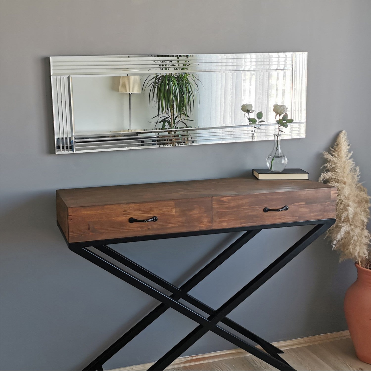 Espelho de parede moderno prateado, 120 cm x 40 cm | 100% MDF, ajustável horizontal e verticalmente | Montado, perfeito para hotéis e espaços contemporâneos