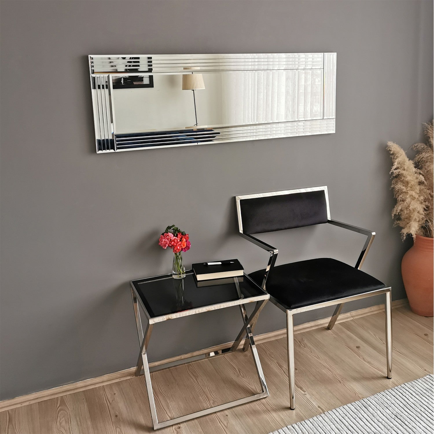 Espelho de parede moderno prateado, 120 cm x 40 cm | 100% MDF, ajustável horizontal e verticalmente | Montado, perfeito para hotéis e espaços contemporâneos