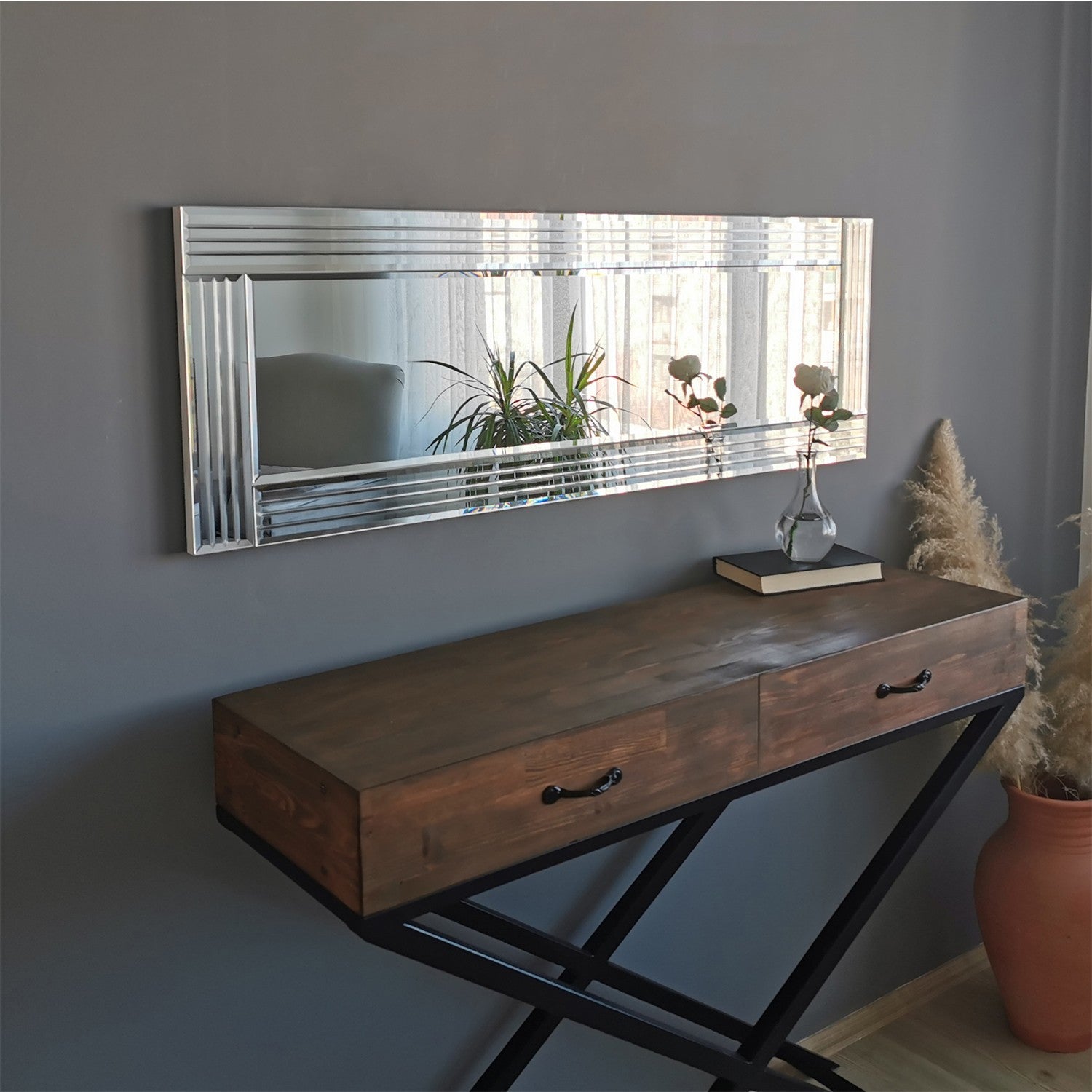 Espelho de parede moderno prateado, 120 cm x 40 cm | 100% MDF, ajustável horizontal e verticalmente | Montado, perfeito para hotéis e espaços contemporâneos