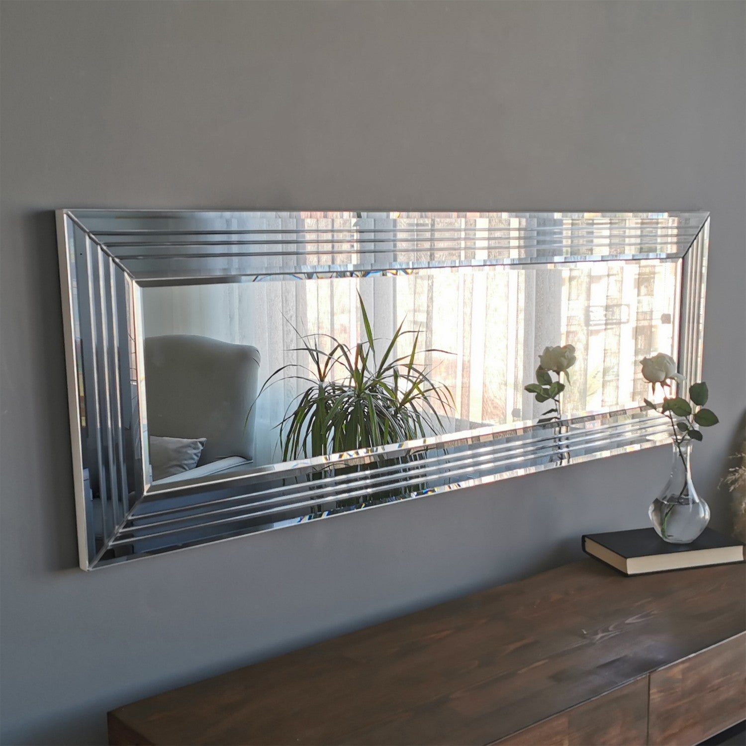 Espelho de parede moderno prateado, 120 x 40 x 2,2 cm | 100% MDF, montado, ajustável horizontal e verticalmente | Perfeito para hotéis e espaços contemporâneos