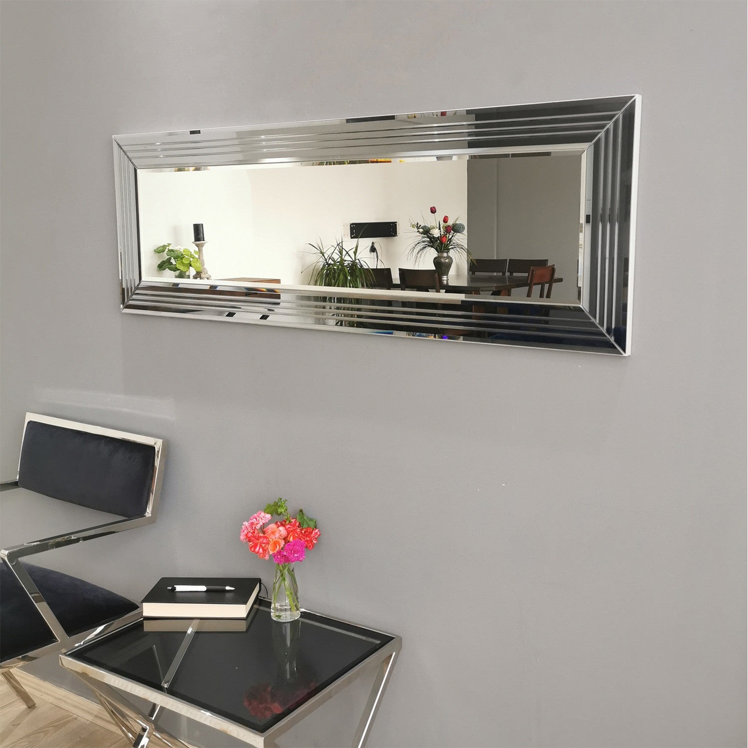 Espelho de parede moderno prateado, 120 x 40 x 2,2 cm | 100% MDF, montado, ajustável horizontal e verticalmente | Perfeito para hotéis e espaços contemporâneos