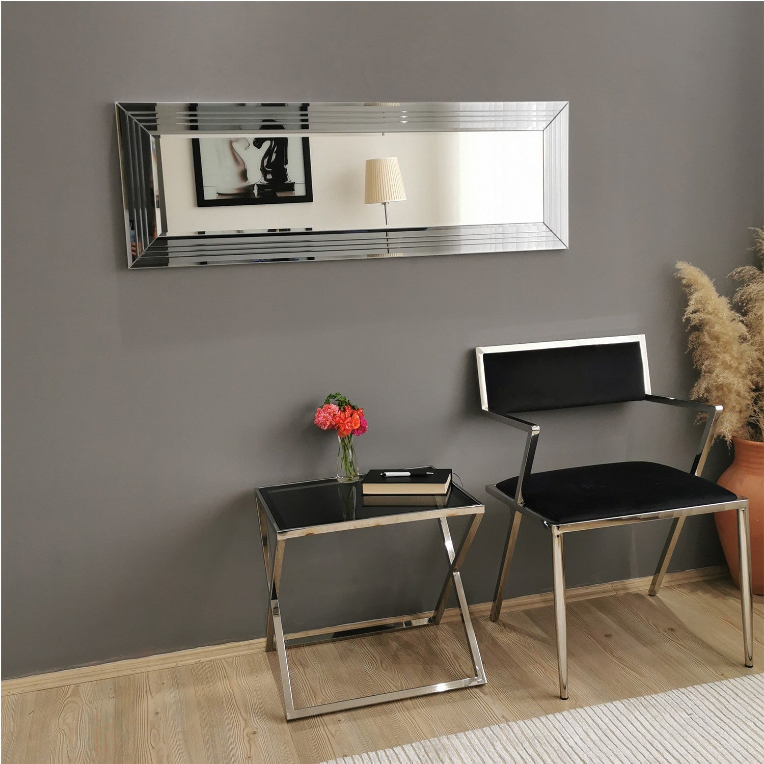 Espelho de parede moderno prateado, 120 x 40 x 2,2 cm | 100% MDF, montado, ajustável horizontal e verticalmente | Perfeito para hotéis e espaços contemporâneos