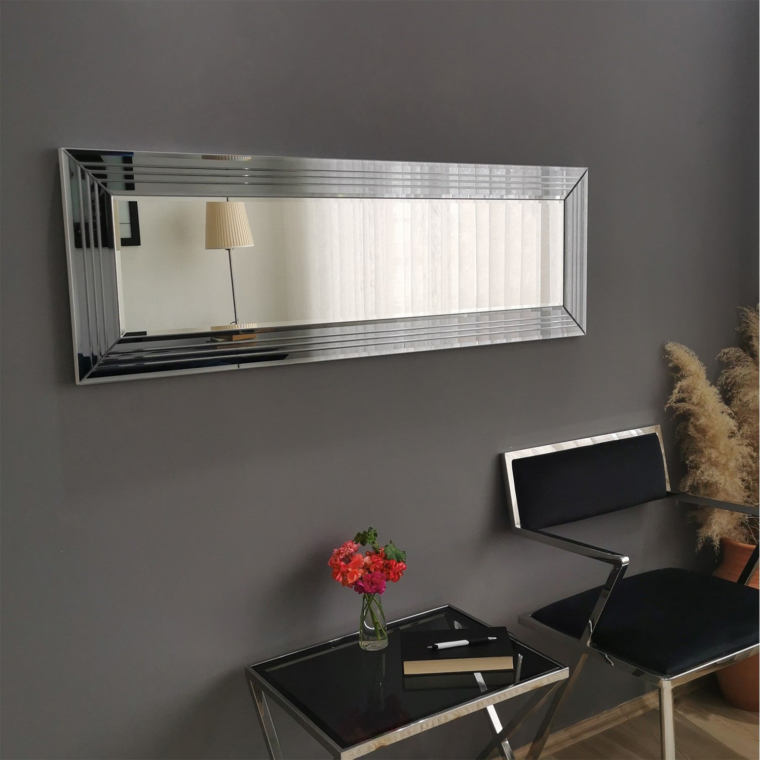 Espelho de parede moderno prateado, 120 x 40 x 2,2 cm | 100% MDF, montado, ajustável horizontal e verticalmente | Perfeito para hotéis e espaços contemporâneos