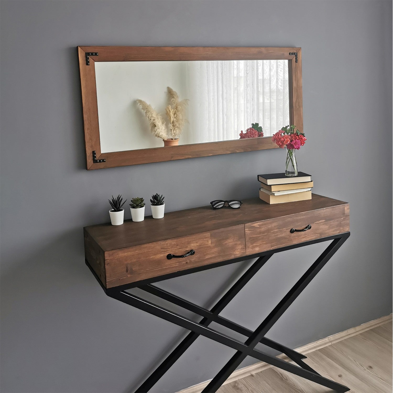 Espelho de parede elegante, 110 cm x 50 cm, 100% madeira maciça de pinho, acabamento em nogueira | Design boêmio rústico para decoração de casa e hotel, montado