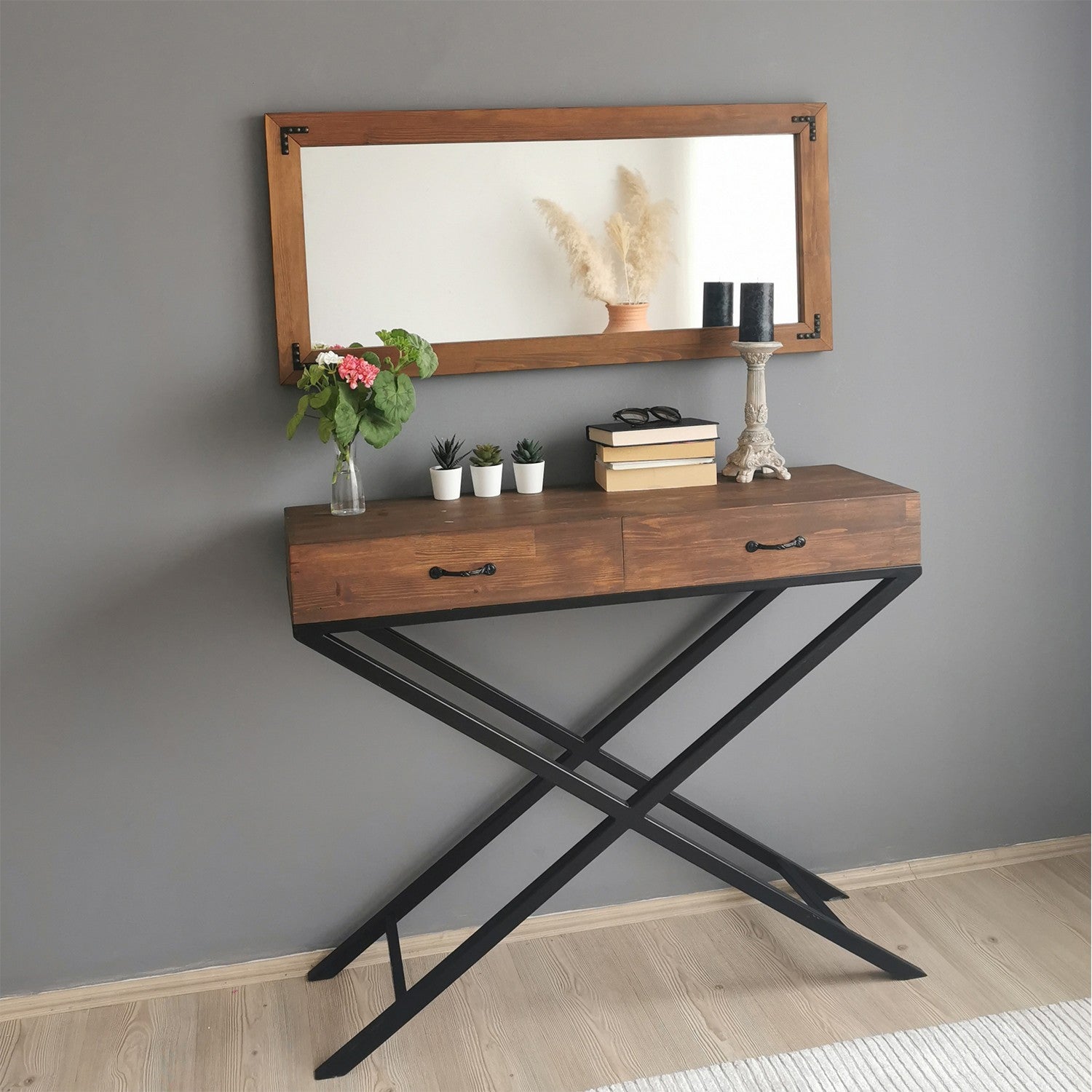 Espelho de parede elegante, 110 cm x 50 cm, 100% madeira maciça de pinho, acabamento em nogueira | Design boêmio rústico para decoração de casa e hotel, montado