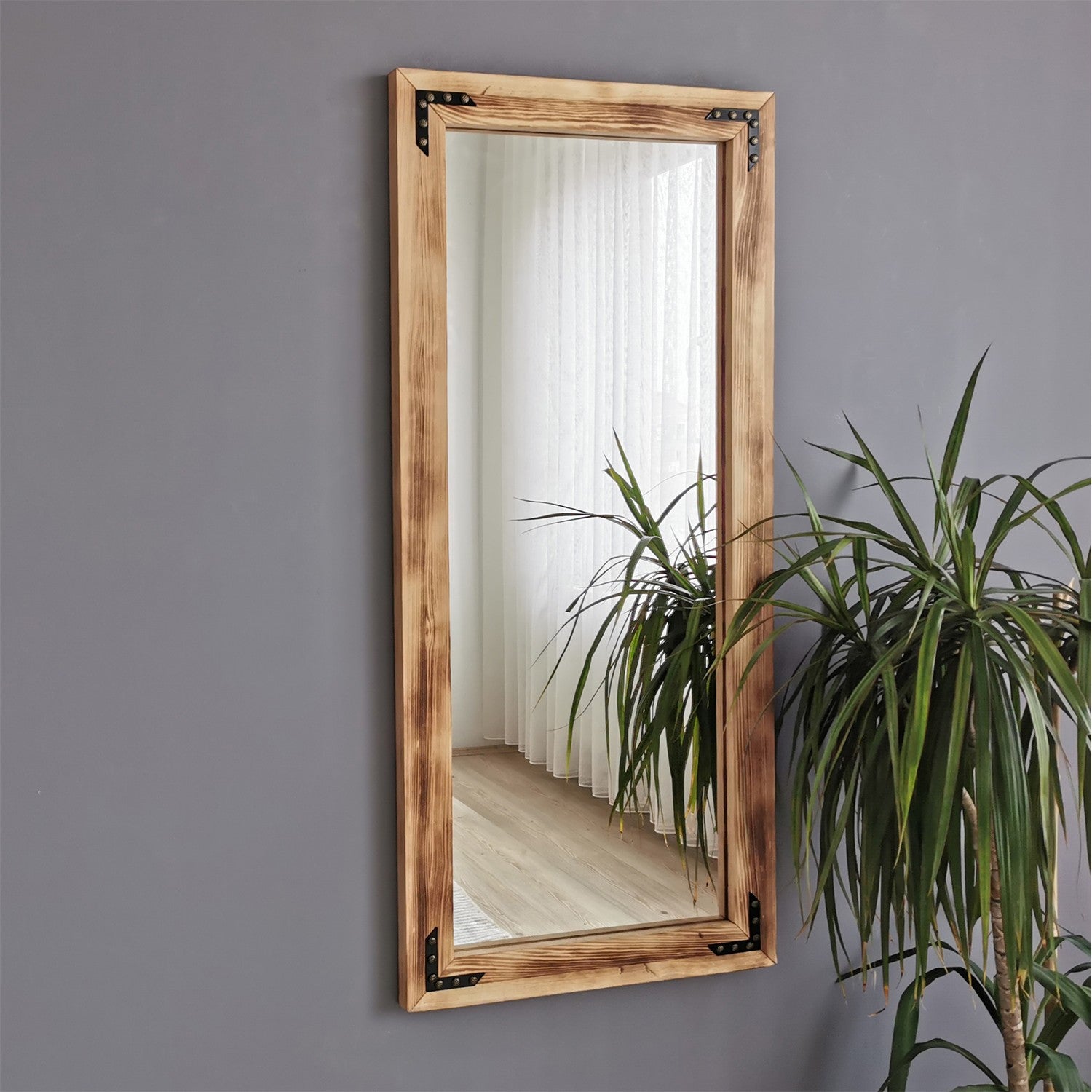 Espelho de parede elegante em carvalho, 50 cm x 110 cm | 100% madeira maciça de pinho, ajustável e montado | Perfeito para decoração boêmia, rústica e campestre
