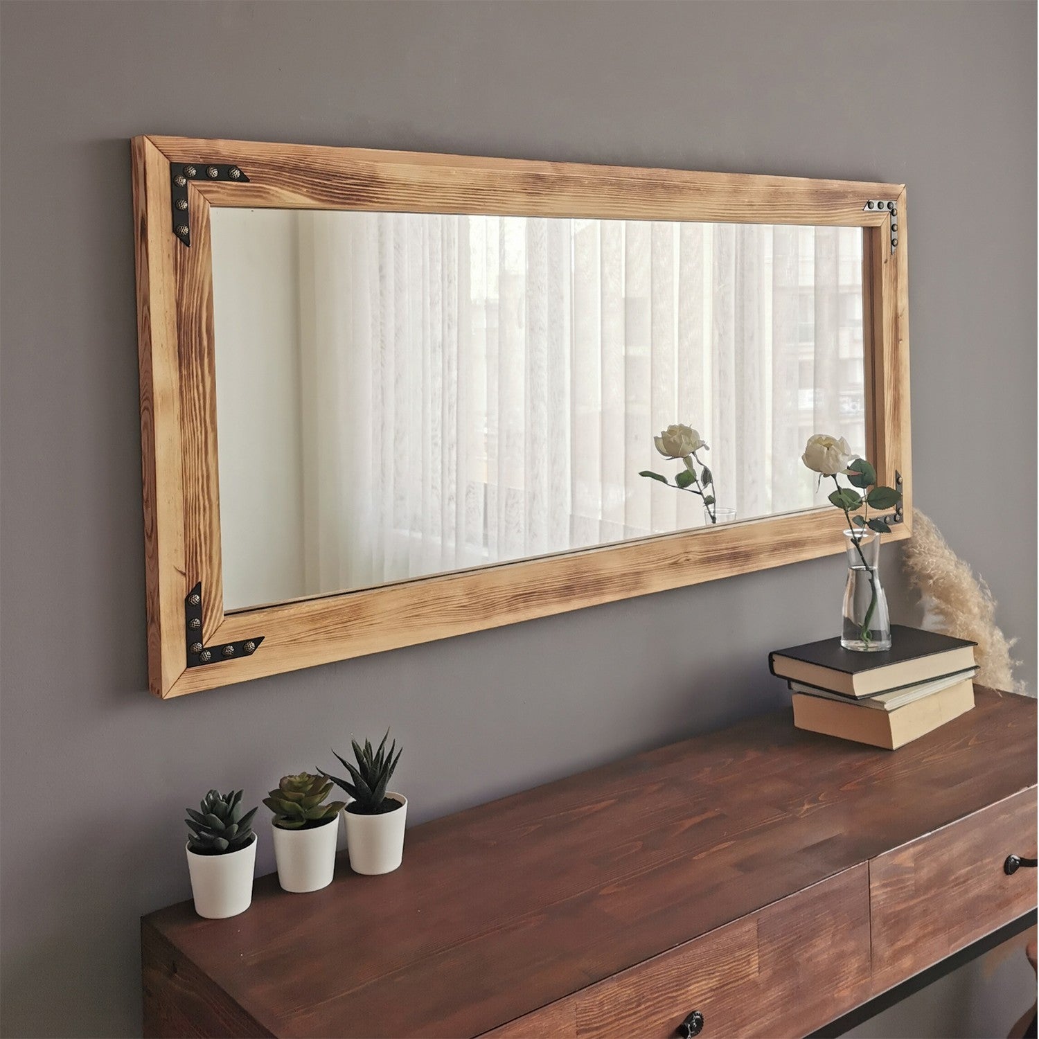 Espelho de parede elegante em nogueira, 110 x 50 x 3 cm | 100% madeira maciça de pinho, ajustável e montado | Perfeito para decoração boêmia, rústica e campestre