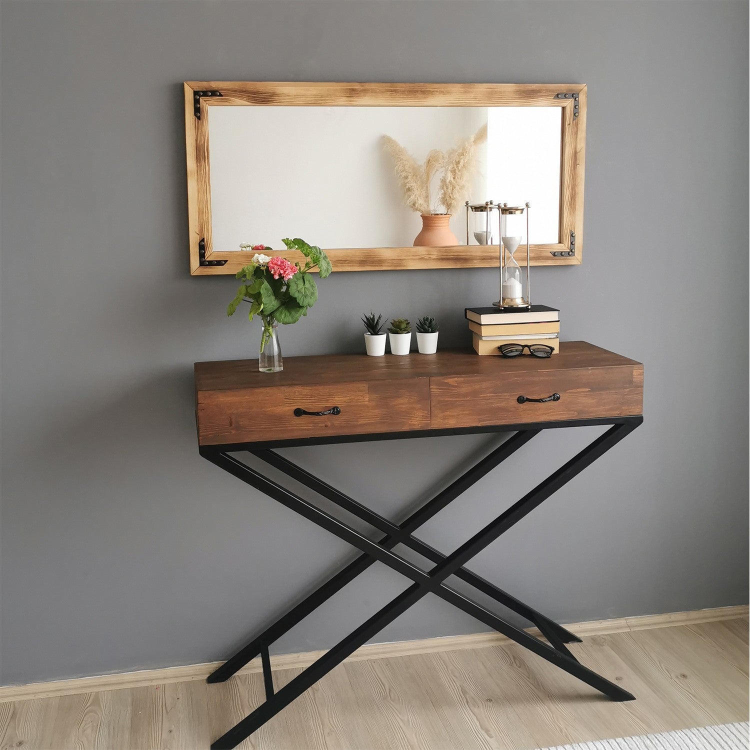 Espelho de parede elegante em nogueira, 110 x 50 x 3 cm | 100% madeira maciça de pinho, ajustável e montado | Perfeito para decoração boêmia, rústica e campestre