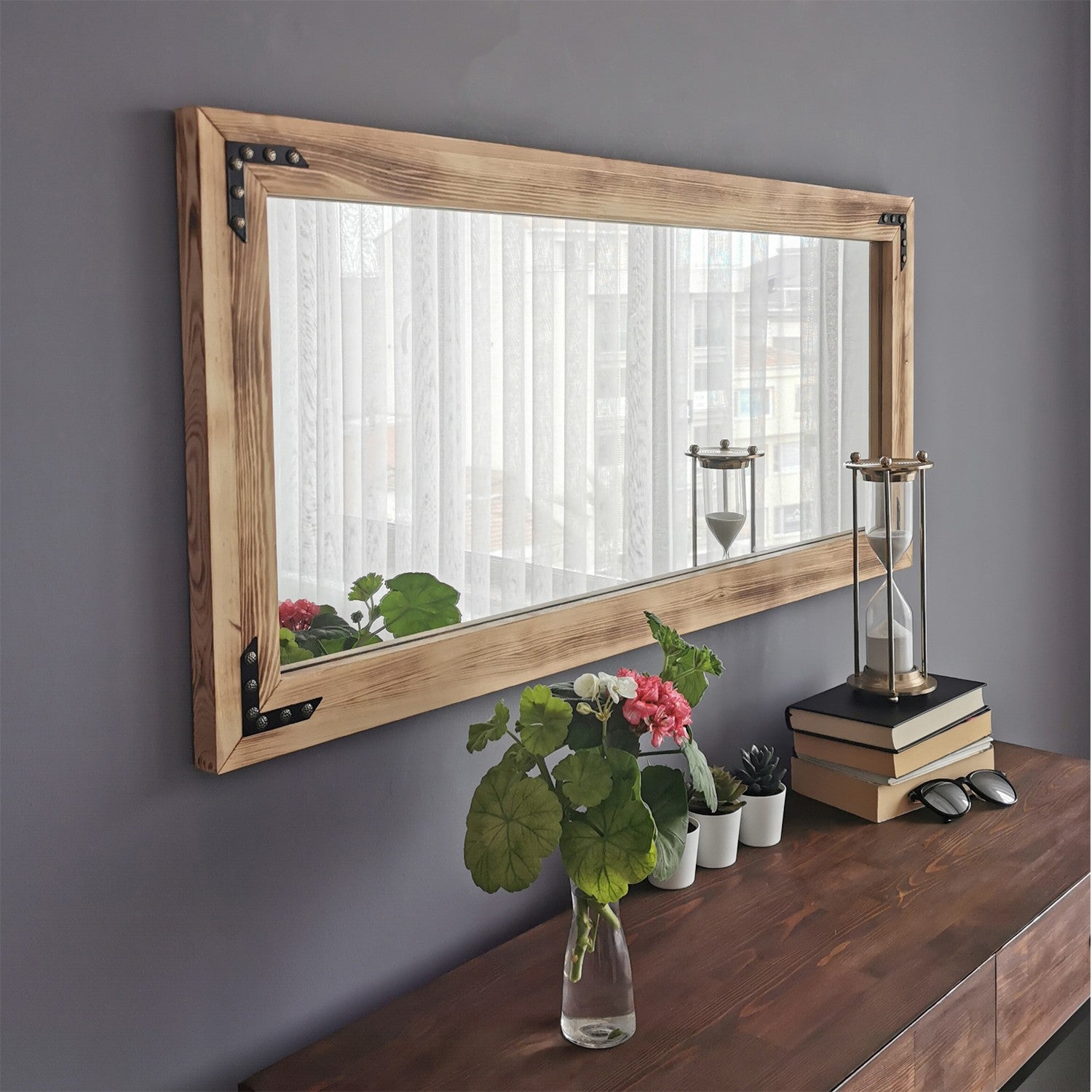 Espelho de parede elegante em nogueira, 110 x 50 x 3 cm | 100% madeira maciça de pinho, ajustável e montado | Perfeito para decoração boêmia, rústica e campestre