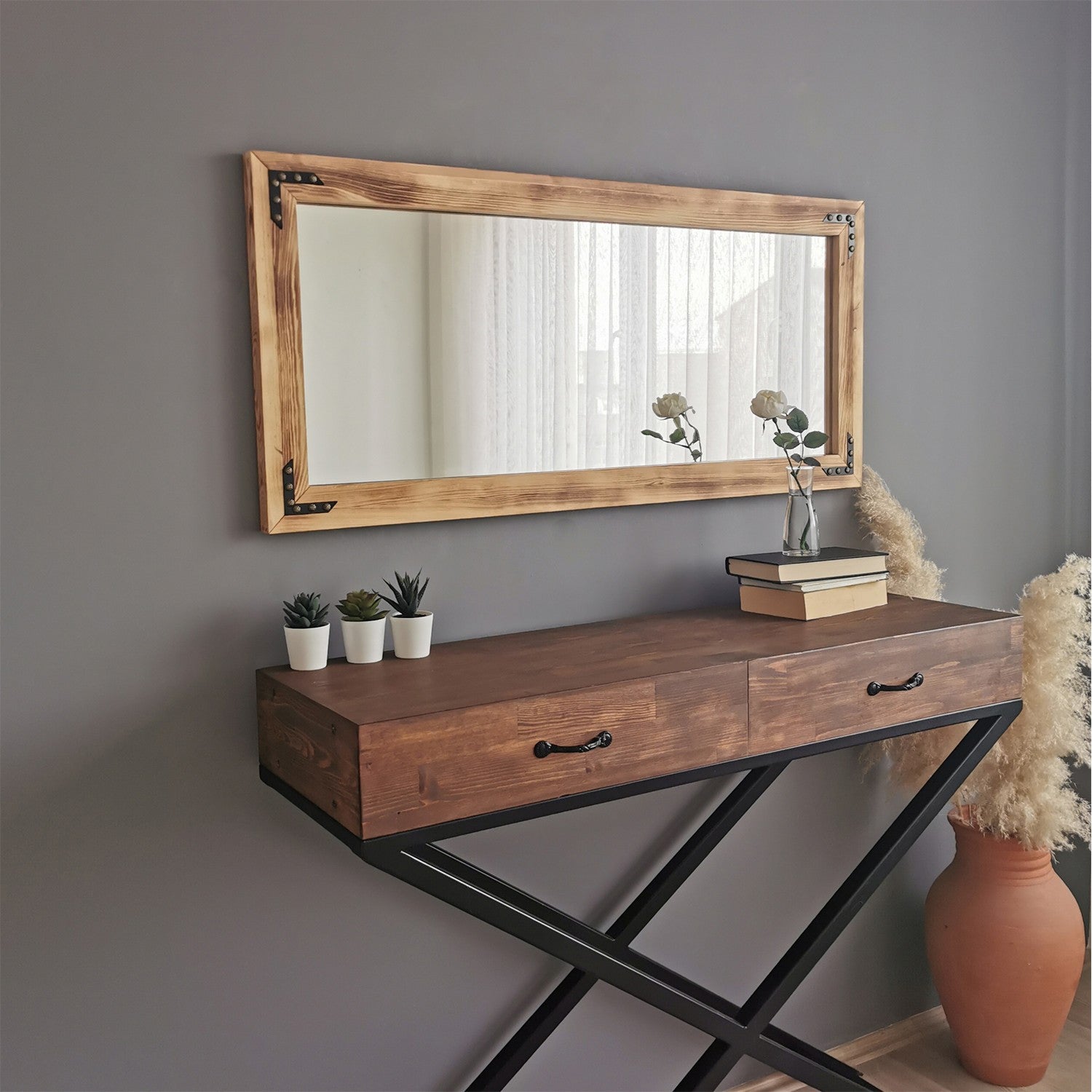 Espelho de parede elegante em nogueira, 110 x 50 x 3 cm | 100% madeira maciça de pinho, ajustável e montado | Perfeito para decoração boêmia, rústica e campestre