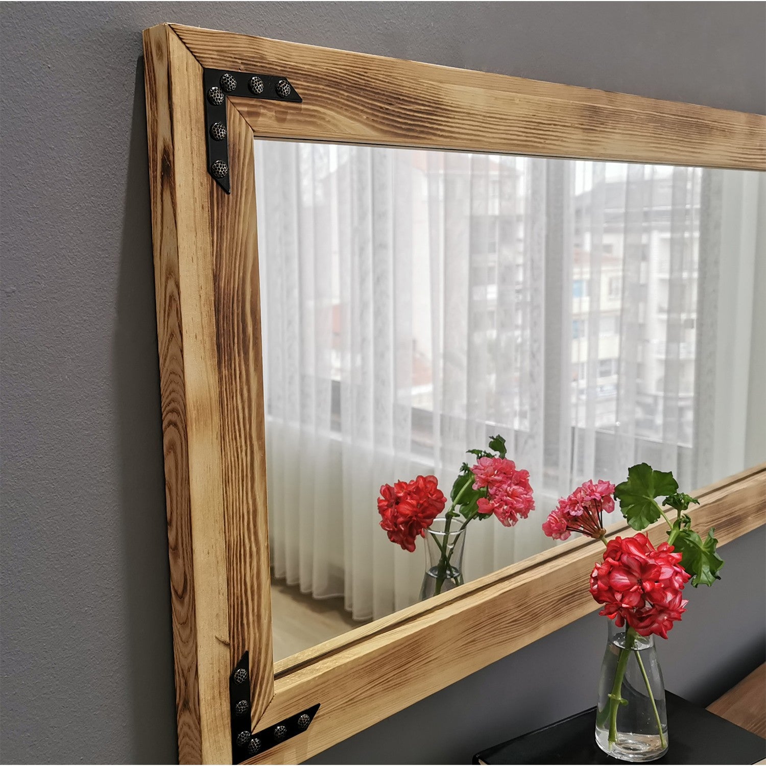 Espelho de parede elegante em nogueira, 110 x 50 x 3 cm | 100% madeira maciça de pinho, ajustável e montado | Perfeito para decoração boêmia, rústica e campestre