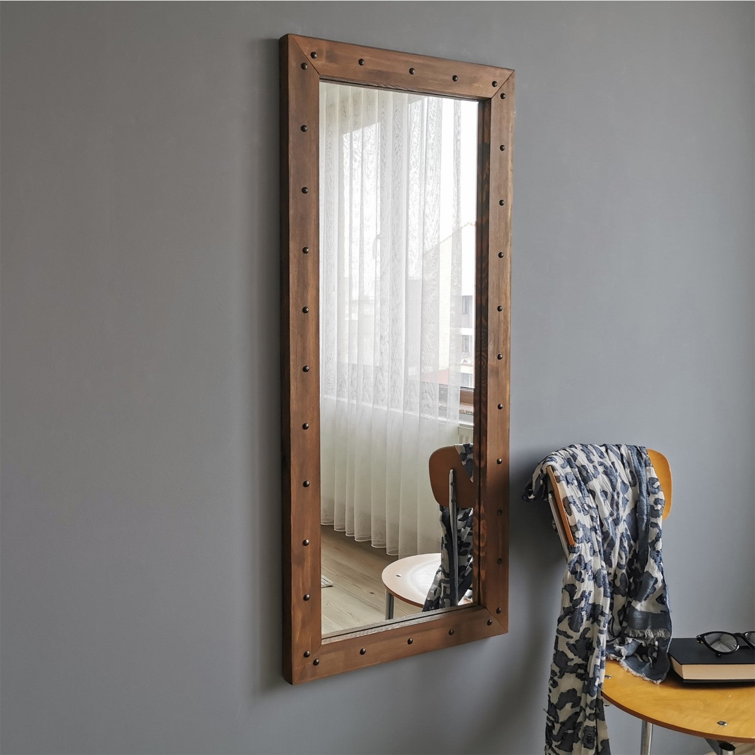 Espelho elegante em nogueira, 50 x 110 cm | 100% madeira maciça de pinho, montável na parede, ajustável | Perfeito para decoração rústica e campestre, design montado