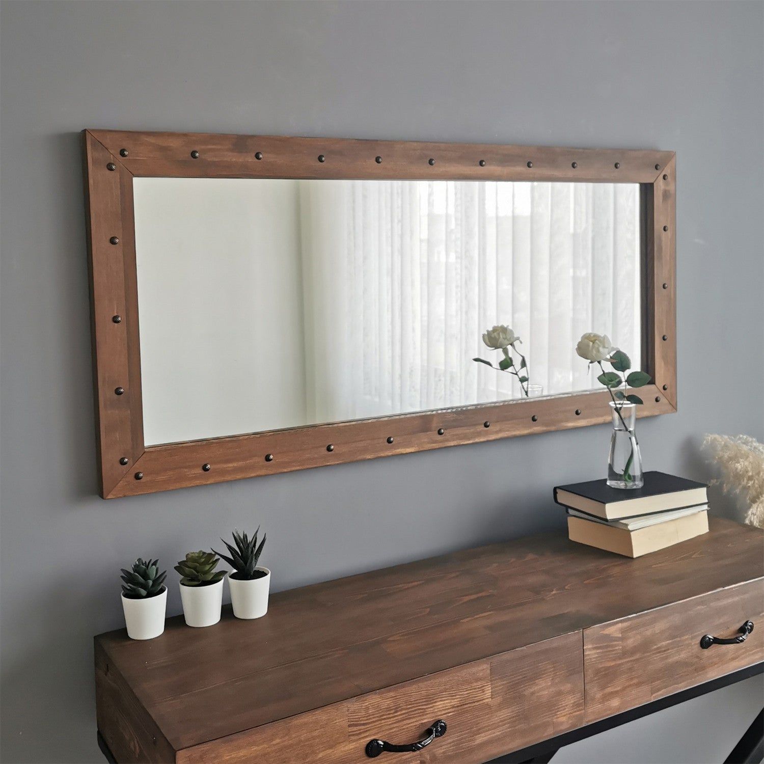 Espelho elegante em nogueira, 110 x 50 x 3 cm | 100% madeira maciça de pinho, montável na parede, ajustável | Perfeito para decoração rústica e campestre, design montado