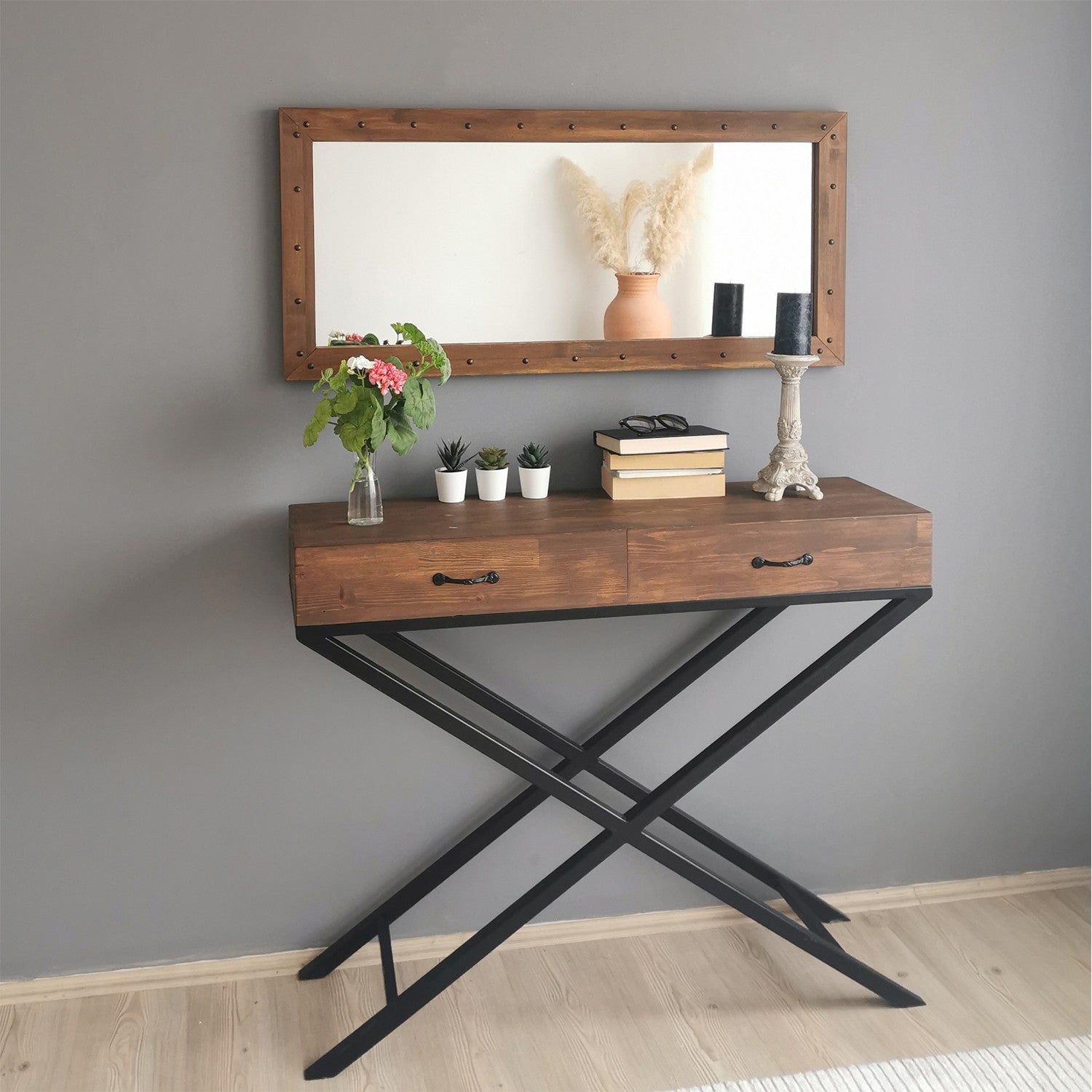 Espelho elegante em nogueira, 110 x 50 x 3 cm | 100% madeira maciça de pinho, montável na parede, ajustável | Perfeito para decoração rústica e campestre, design montado