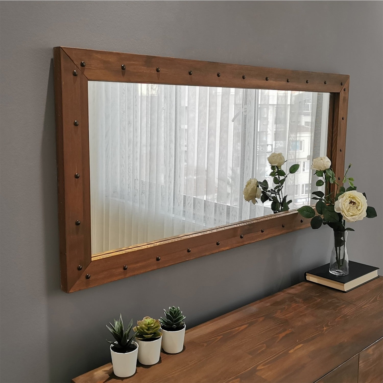 Espelho elegante em nogueira, 110 x 50 x 3 cm | 100% madeira maciça de pinho, montável na parede, ajustável | Perfeito para decoração rústica e campestre, design montado