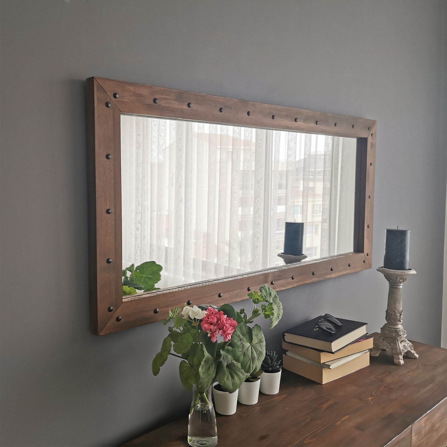 Espelho elegante em nogueira, 110 x 50 x 3 cm | 100% madeira maciça de pinho, montável na parede, ajustável | Perfeito para decoração rústica e campestre, design montado