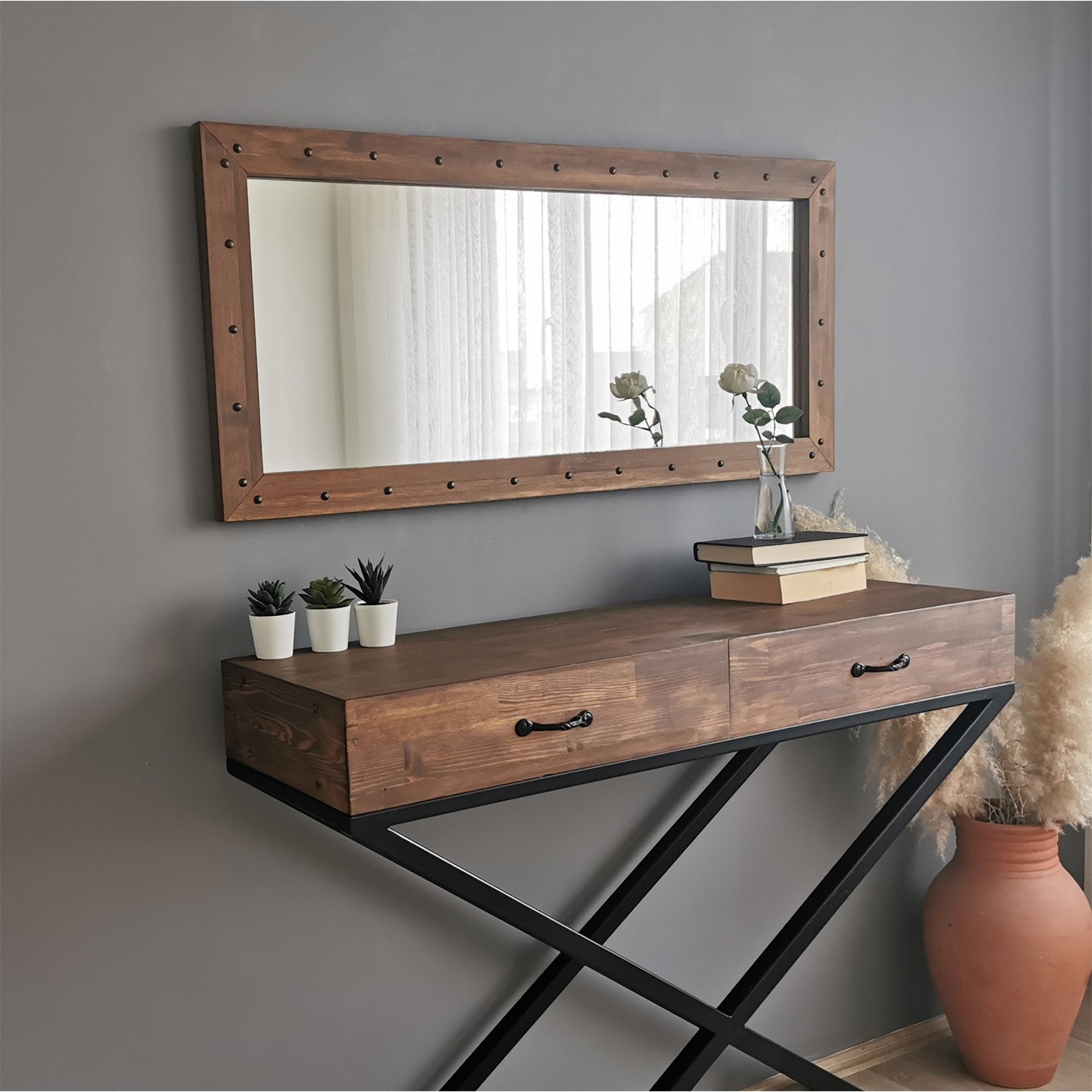 Espelho elegante em nogueira, 110 x 50 x 3 cm | 100% madeira maciça de pinho, montável na parede, ajustável | Perfeito para decoração rústica e campestre, design montado