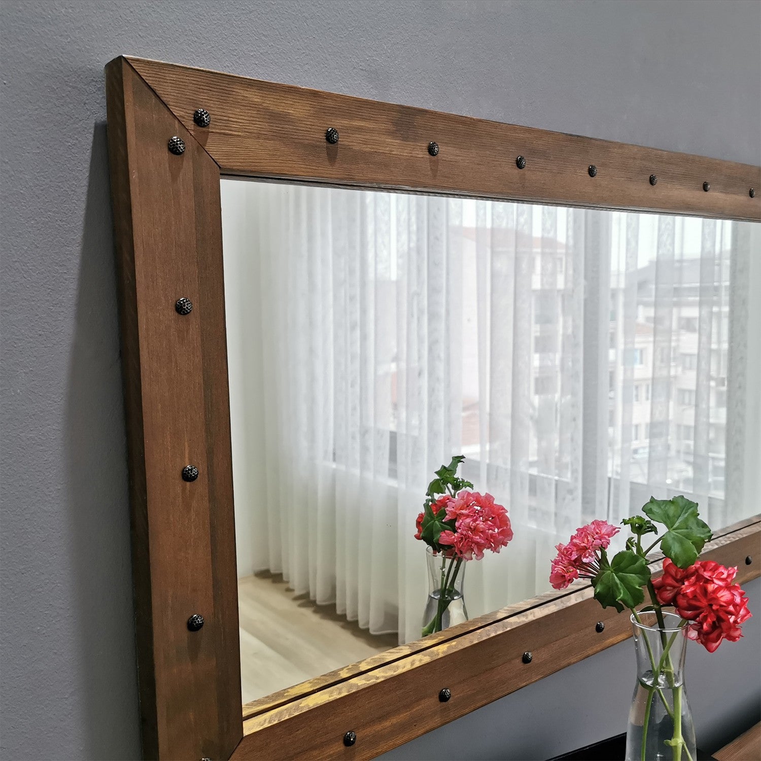 Espelho elegante em nogueira, 110 x 50 x 3 cm | 100% madeira maciça de pinho, montável na parede, ajustável | Perfeito para decoração rústica e campestre, design montado