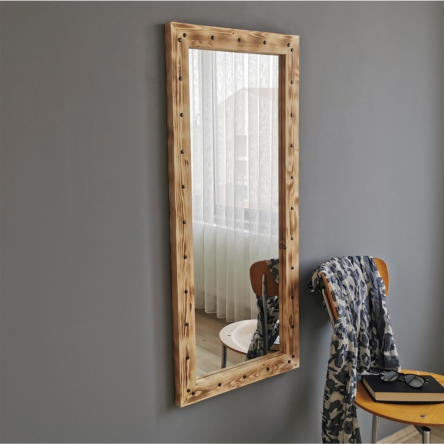 Espelho elegante em nogueira, 50 cm x 110 cm | 100% madeira maciça de pinho, montável na parede, ajustável | Perfeito para decoração rústica e tradicional