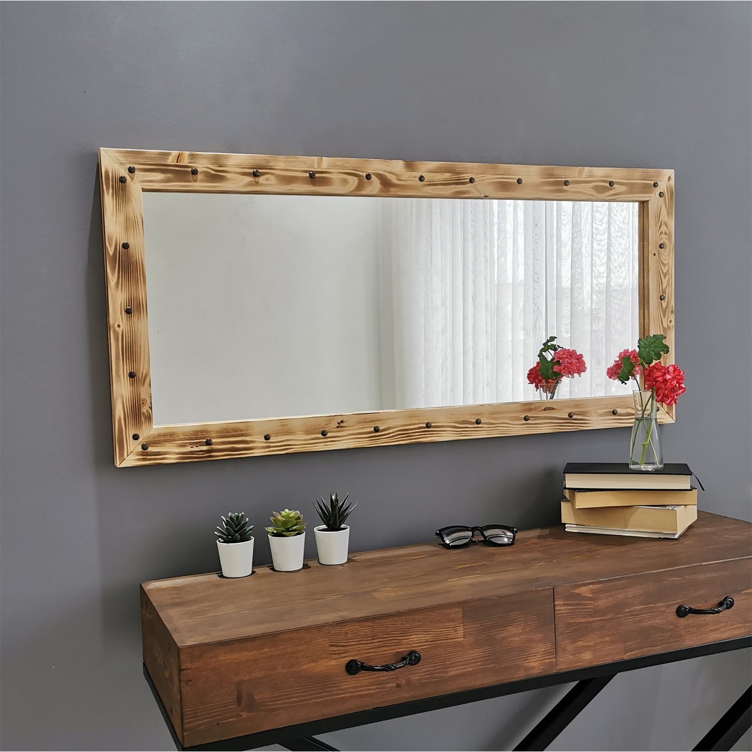 Espelho elegante em nogueira, 110 cm x 50 cm | 100% madeira maciça de pinho, montável na parede, ajustável | Perfeito para decoração rústica e tradicional