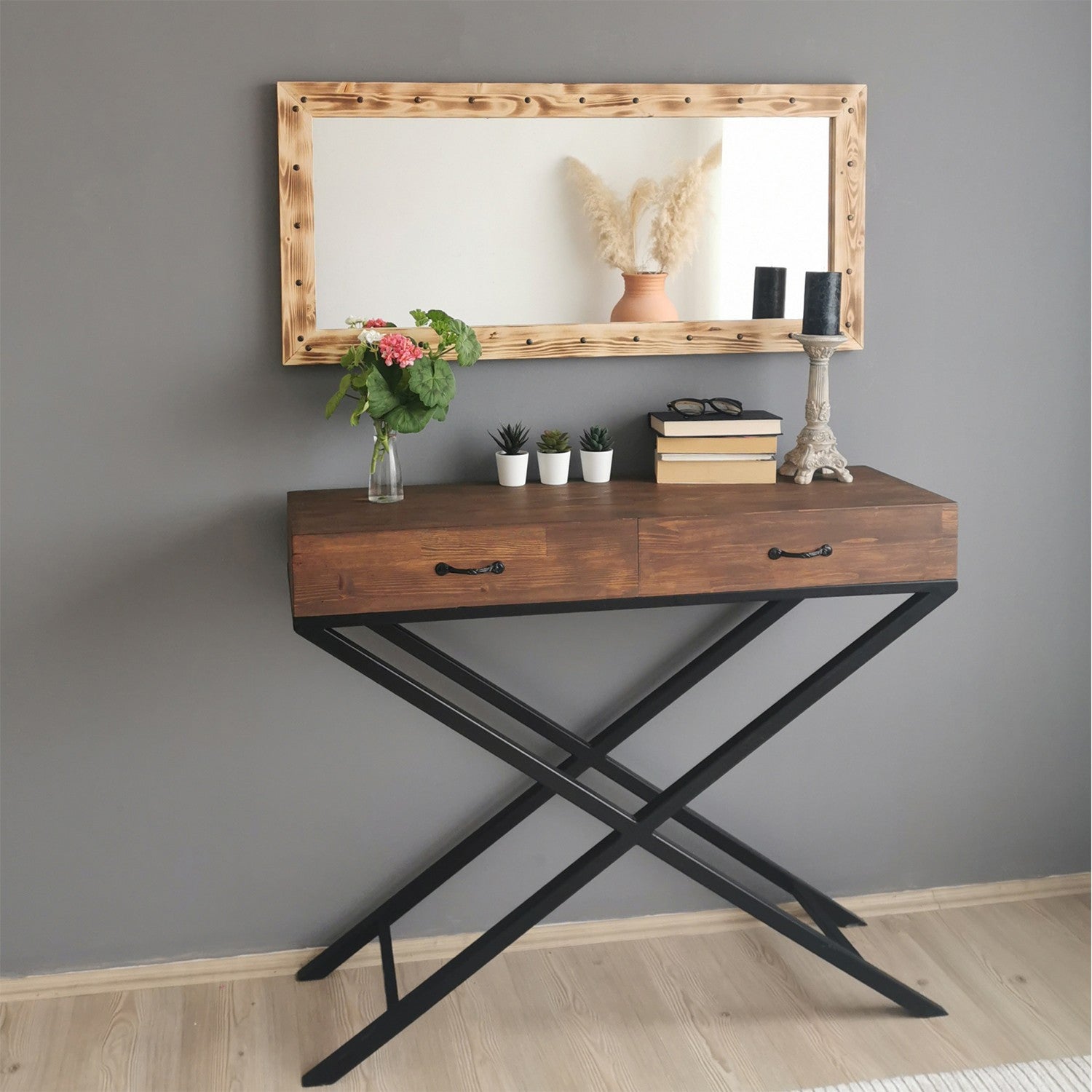 Espelho elegante em nogueira, 110 cm x 50 cm | 100% madeira maciça de pinho, montável na parede, ajustável | Perfeito para decoração rústica e tradicional