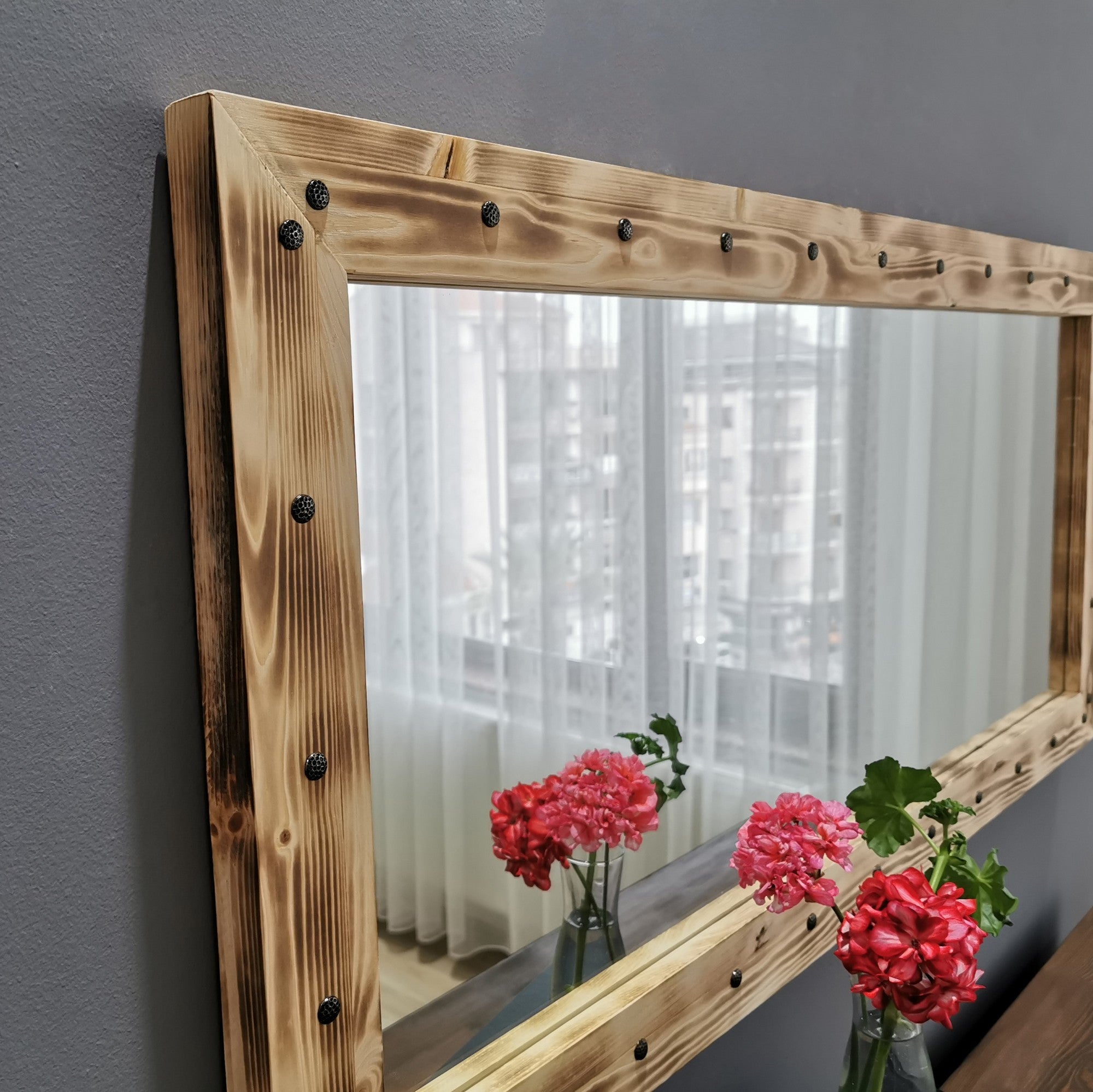 Espelho elegante em nogueira, 110 cm x 50 cm | 100% madeira maciça de pinho, montável na parede, ajustável | Perfeito para decoração rústica e tradicional