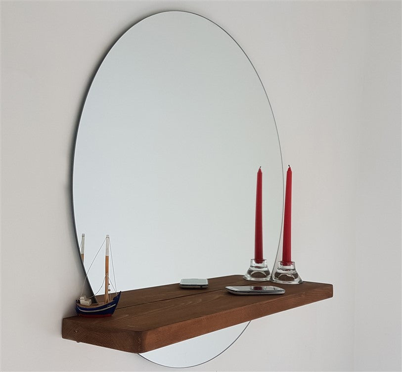 Espelho de parede moderno em nogueira com prateleiras, 70 cm x 70 cm | 100% madeira maciça de pinho, montado, elegante e funcional para decoração de casa e hotel
