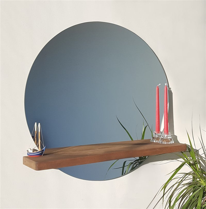 Espelho de parede moderno em nogueira com prateleiras, 70 cm x 70 cm | 100% madeira maciça de pinho, montado, elegante e funcional para decoração de casa e hotel