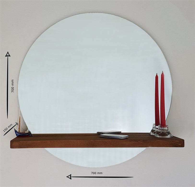 Espelho de parede moderno em nogueira com prateleiras, 70 cm x 70 cm | 100% madeira maciça de pinho, montado, elegante e funcional para decoração de casa e hotel
