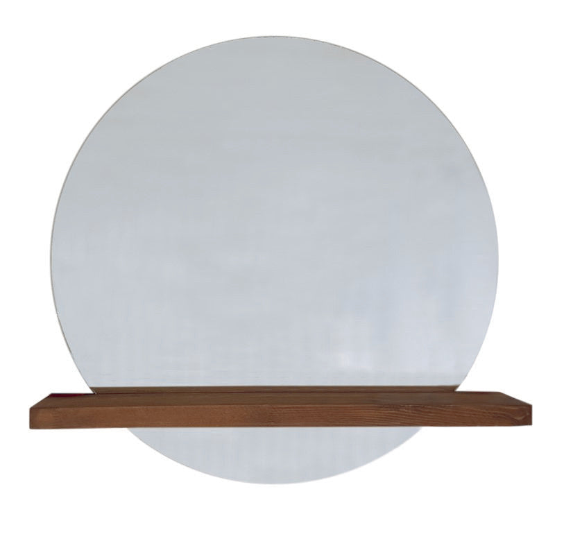 Espelho de parede moderno em nogueira com prateleiras, 70 cm x 70 cm | 100% madeira maciça de pinho, montado, elegante e funcional para decoração de casa e hotel
