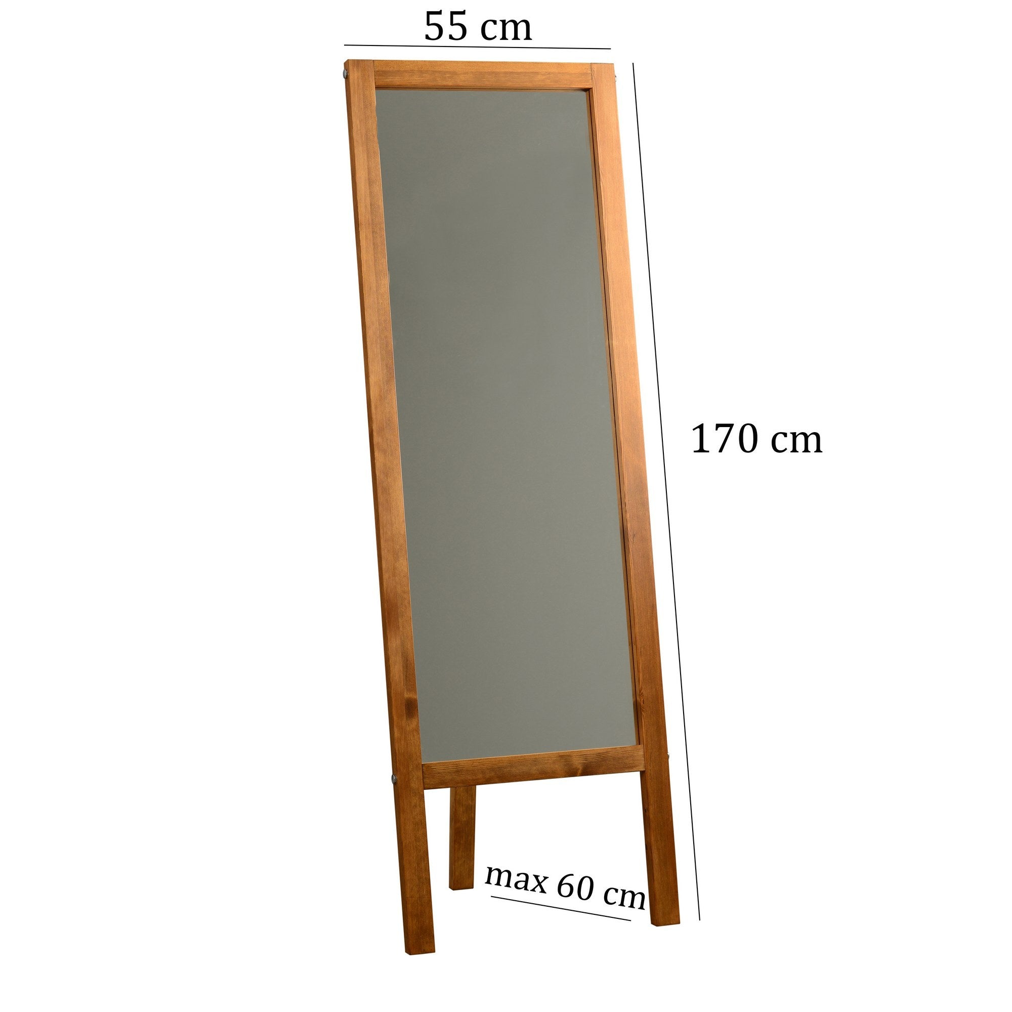 Espelho elegante estilo Cheval com prateleiras, 55 cm x 170 cm, 100% madeira maciça de pinho, acabamento em carvalho | Montável na parede, montado | Design boêmio e rústico