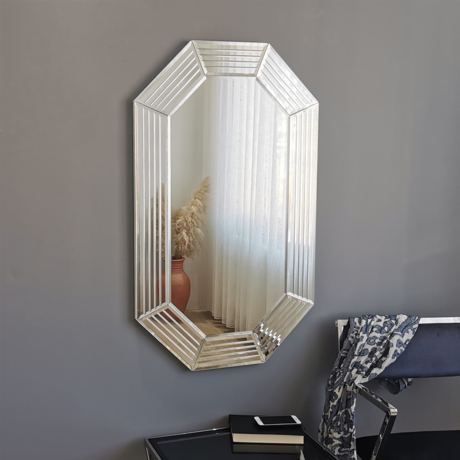 Espelho de parede prateado elegante, 60 x 100 cm | 100% MDF, ajustável horizontal e verticalmente | Perfeito para decoração de hotéis e residências modernas, montado