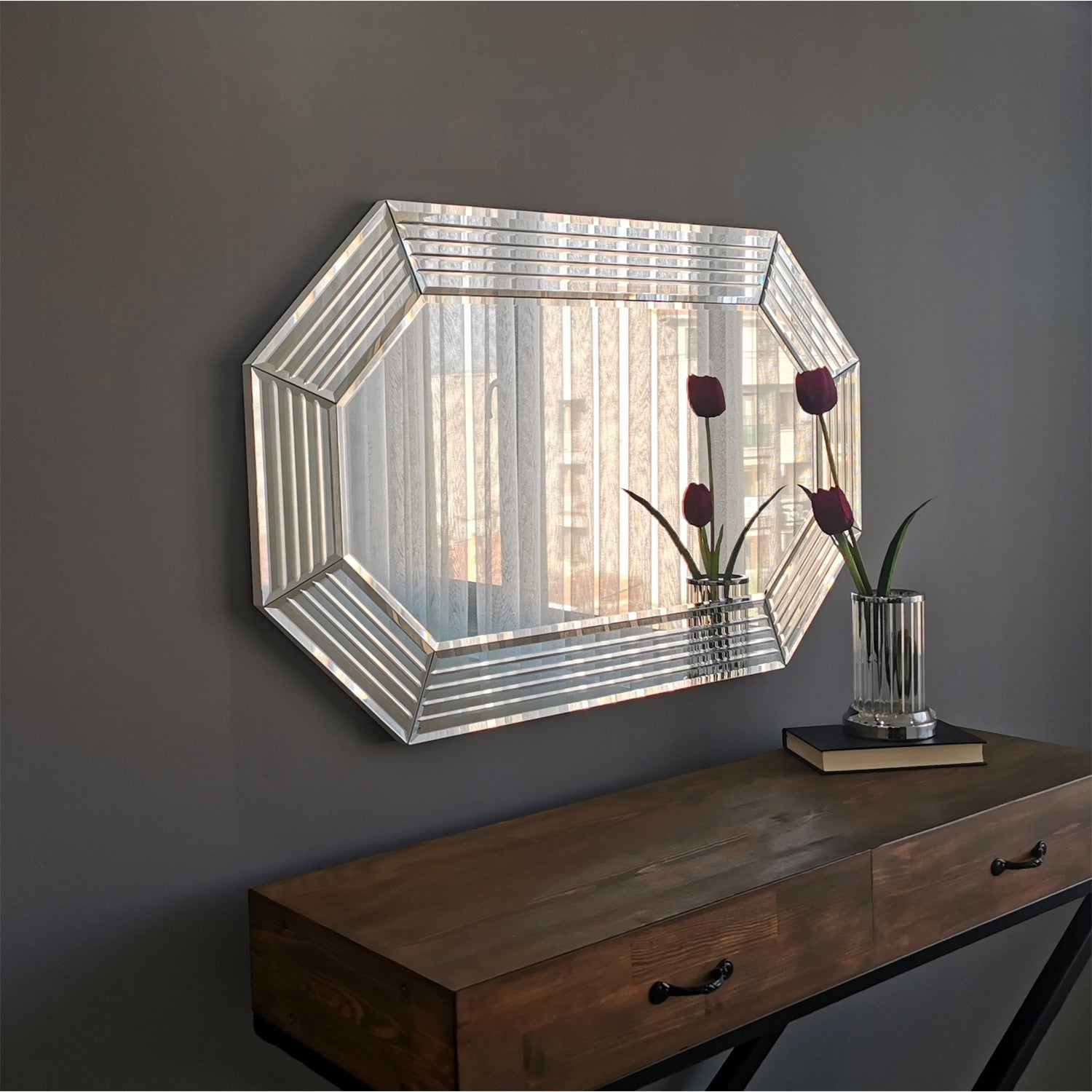 Espelho de parede prateado elegante, 100 cm x 60 cm x 2,2 cm | 100% MDF, montado, ajustável horizontal e verticalmente | Perfeito para hotéis e decoração moderna