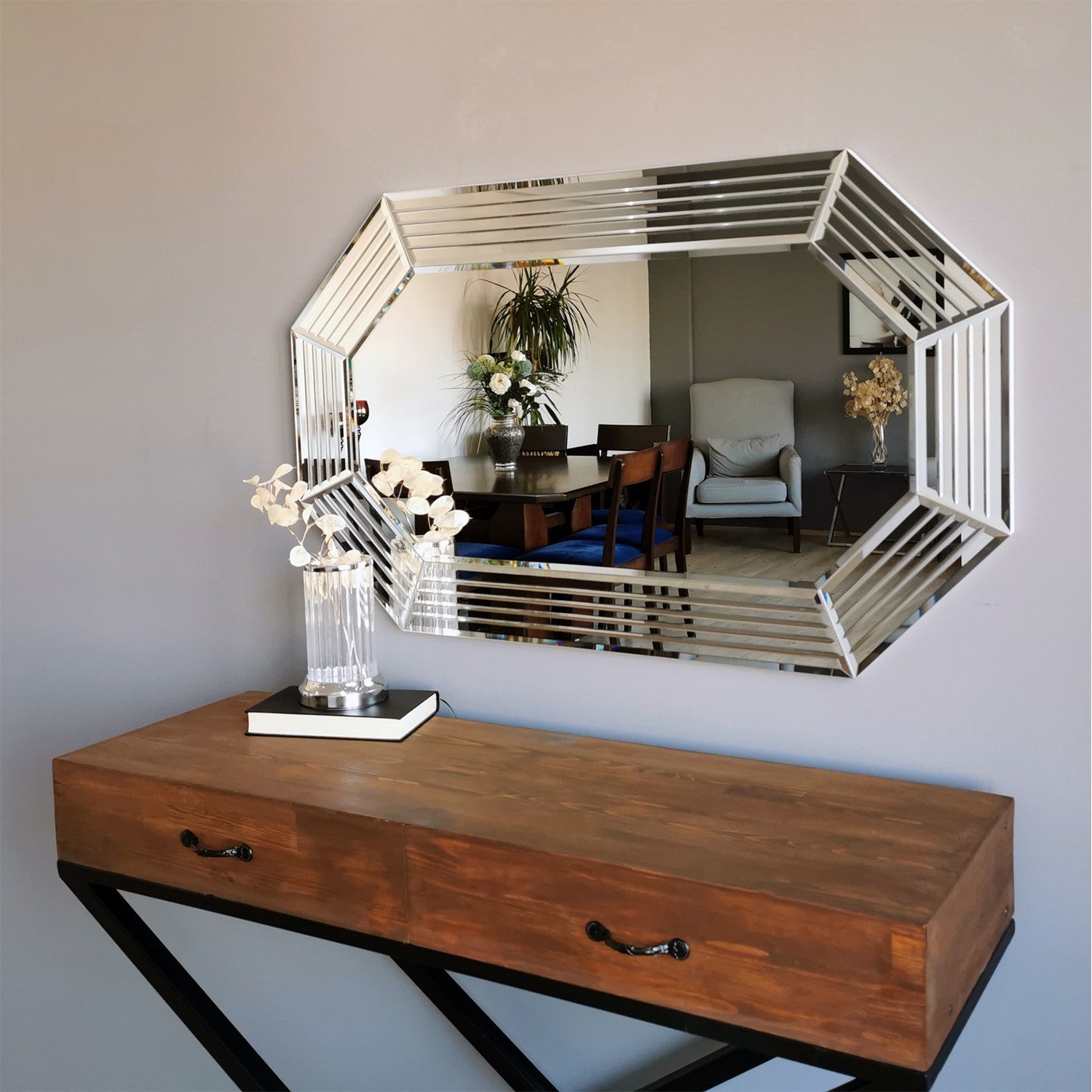Espelho de parede prateado elegante, 100 cm x 60 cm x 2,2 cm | 100% MDF, montado, ajustável horizontal e verticalmente | Perfeito para hotéis e decoração moderna