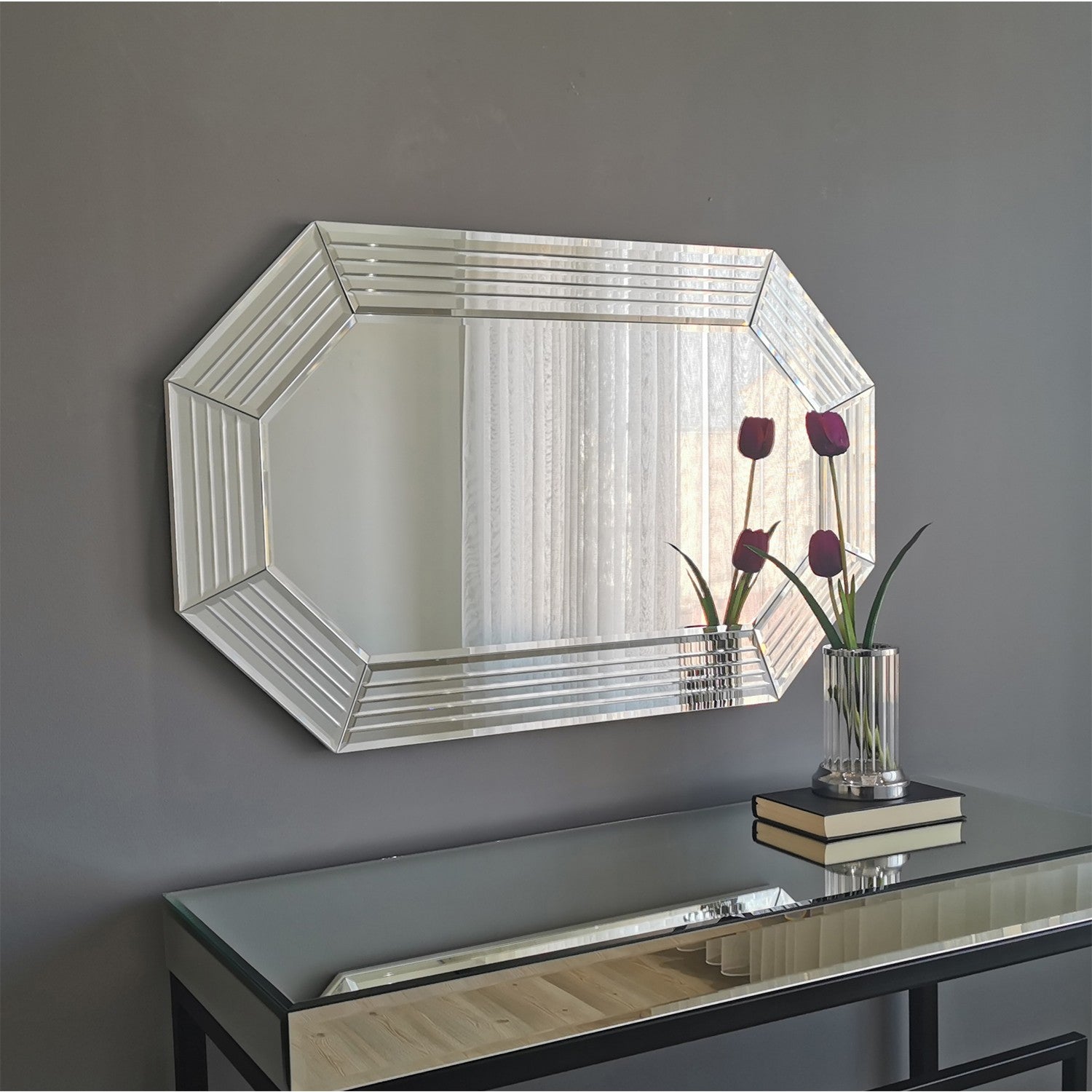 Espelho de parede prateado elegante, 100 cm x 60 cm x 2,2 cm | 100% MDF, montado, ajustável horizontal e verticalmente | Perfeito para hotéis e decoração moderna