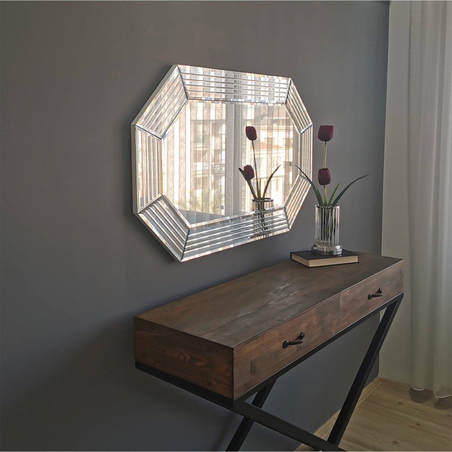 Espelho de parede prateado elegante, 100 cm x 60 cm x 2,2 cm | 100% MDF, montado, ajustável horizontal e verticalmente | Perfeito para hotéis e decoração moderna