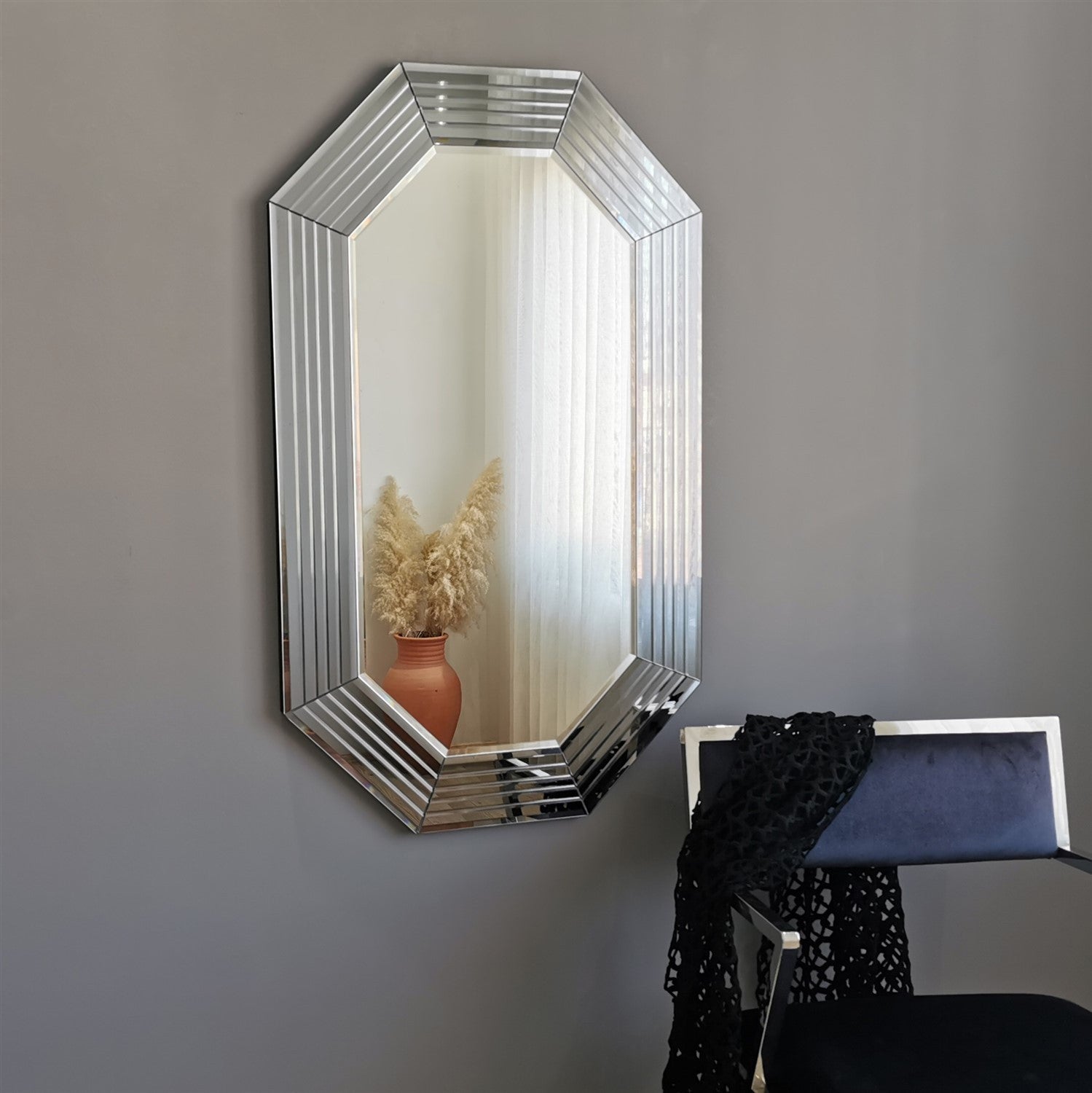 Espelho de parede prateado elegante, 60 x 100 cm | 100% MDF, ajustável horizontal e verticalmente | Perfeito para decoração de hotéis e residências modernas, montado
