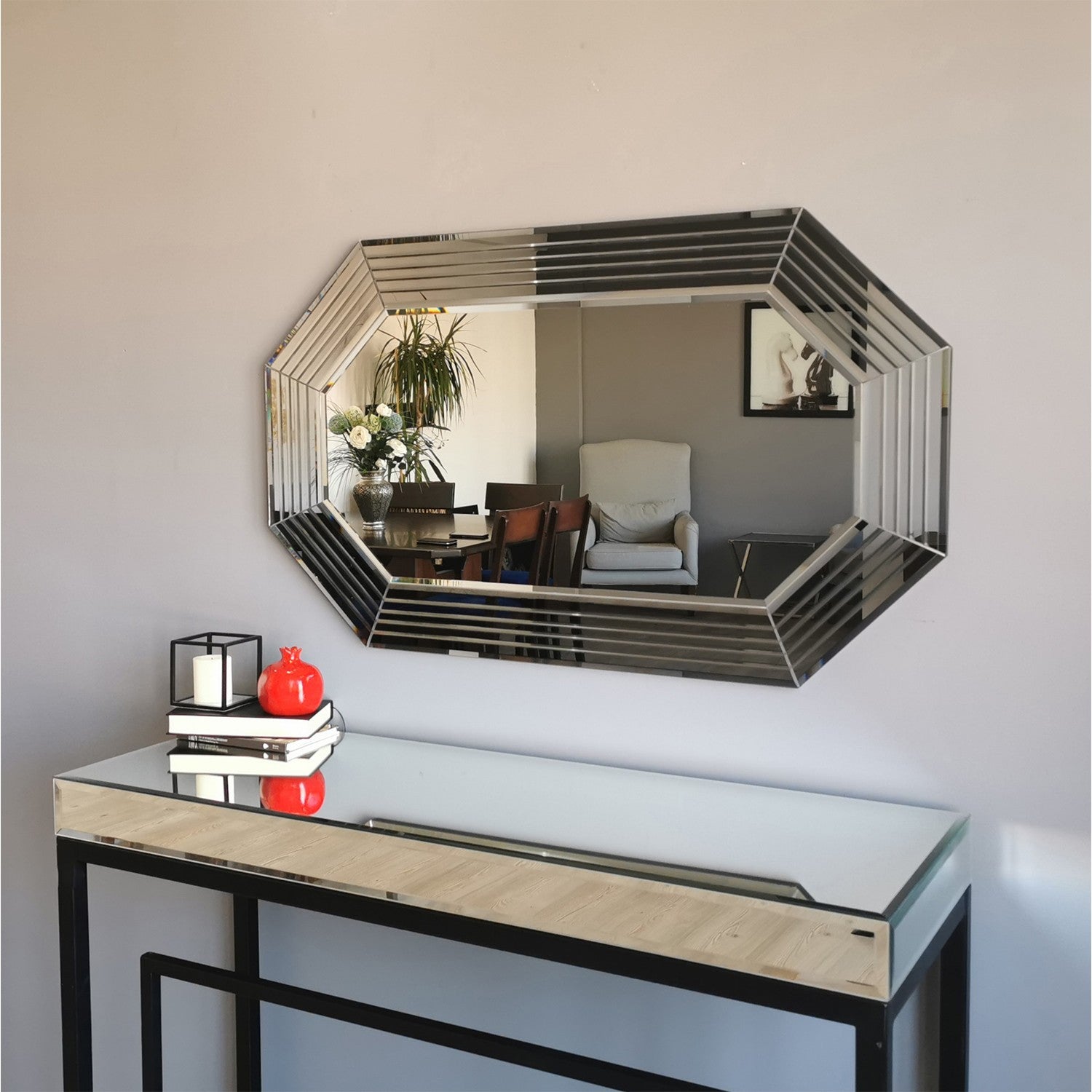 Espelho de parede prateado elegante, 100 cm x 60 cm x 2,2 cm | 100% MDF, montado, ajustável horizontal e verticalmente | Perfeito para hotéis e decoração moderna
